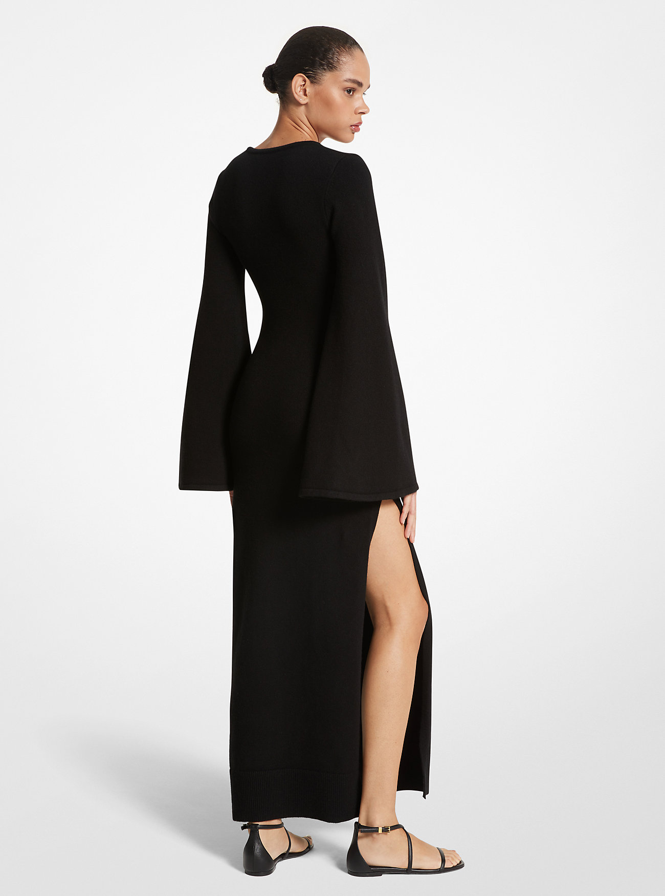Stretch Cashmere Flare-Sleeve Dress - BLACK