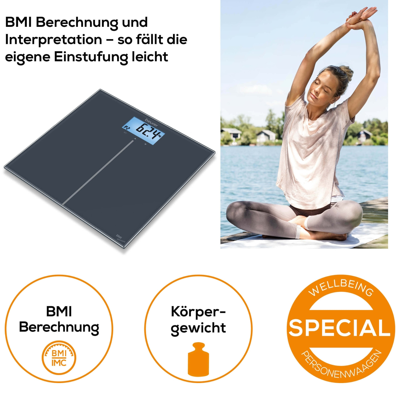 Beurer Glaswaage - GS 280 BMI Genius-Personenwaage aus Glas mit BMI Berechnung & farbigem Display - bis 180 kg