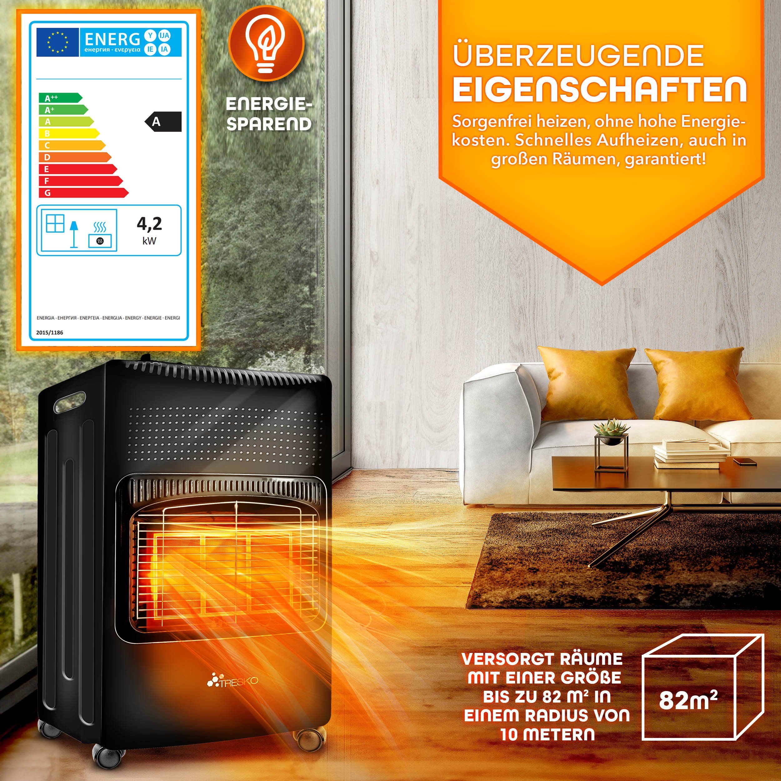TRESKO Heizstrahler 4200 W Gasheizung + Abdeckung Gasheizer 3 Stufen Gasofen Gasheizofen