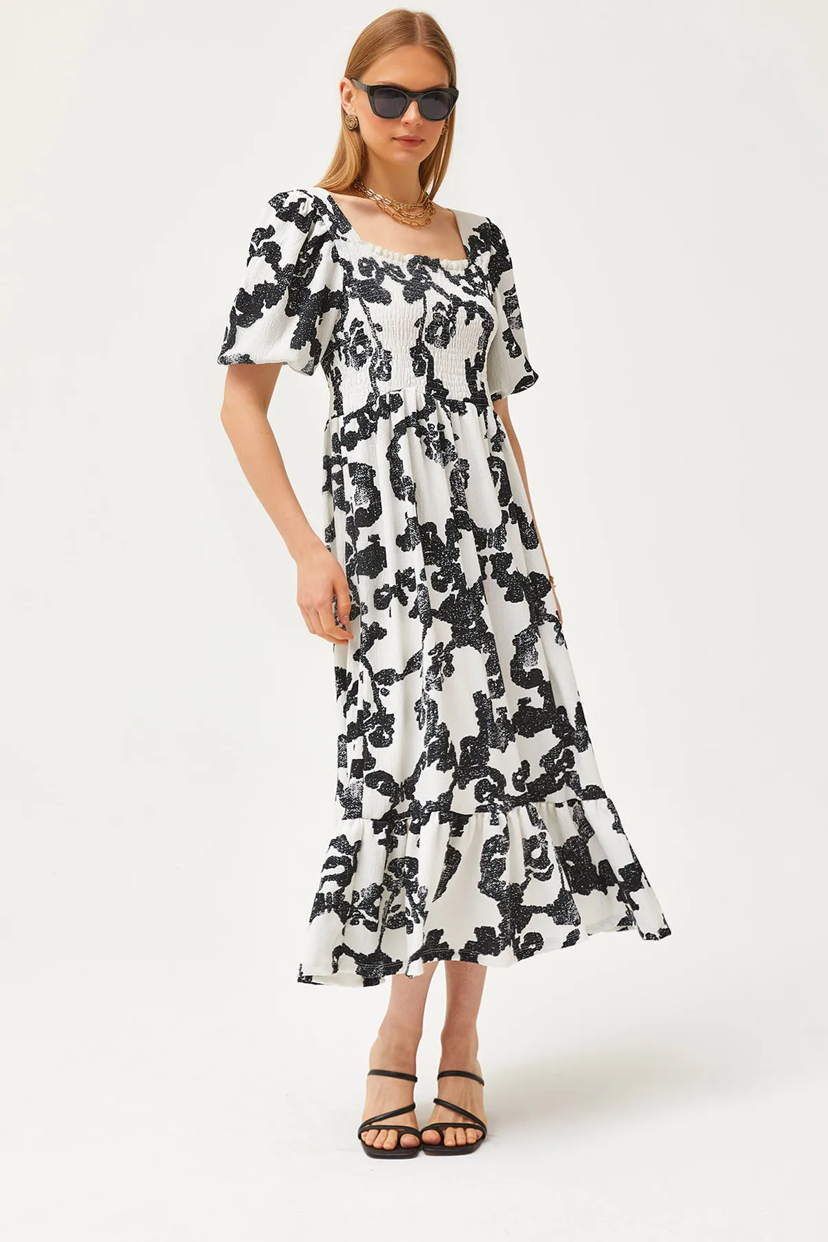 Olalook  Ecru-schwarzes Robe Gimped Midi-Strickkleid für Damen ELB-19002108