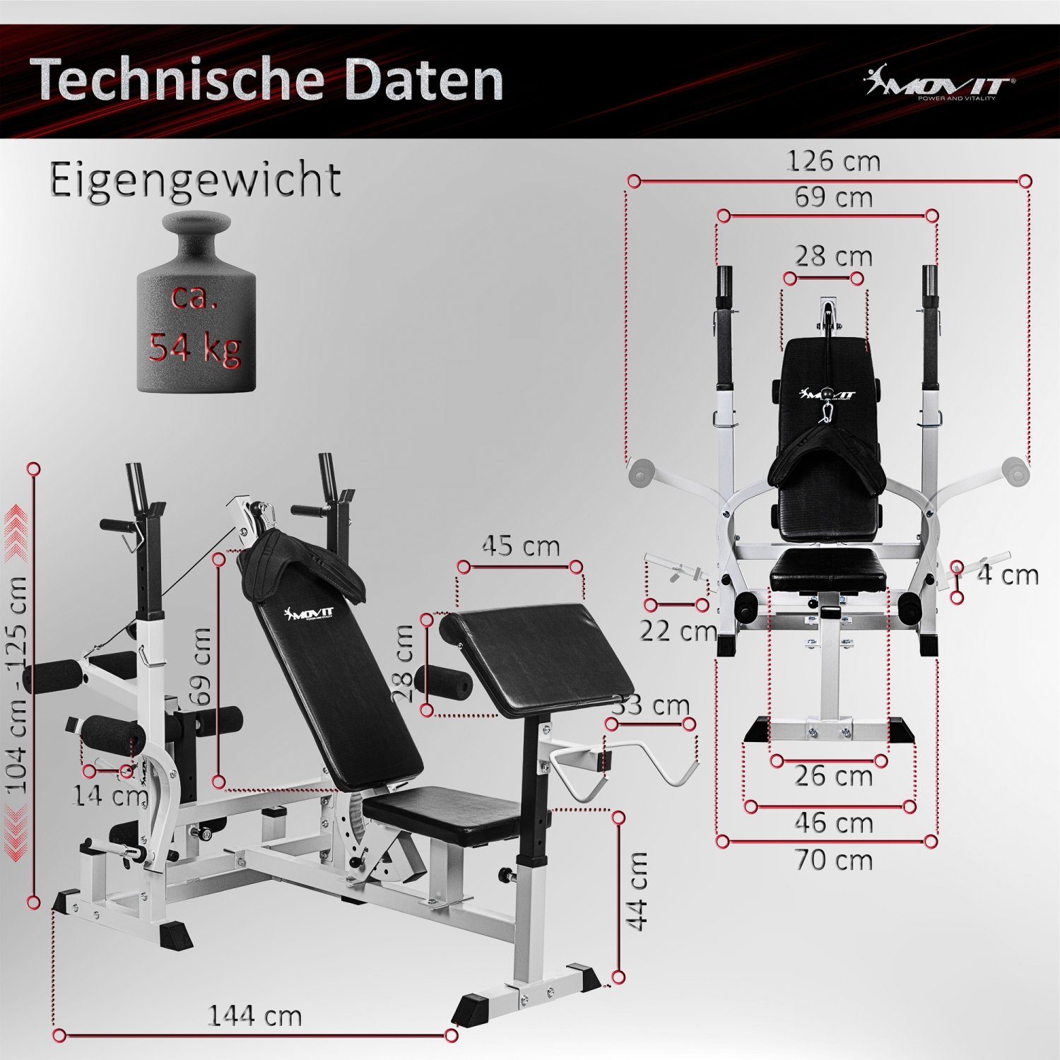 MOVIT Kraftstation Movit® Kraftstation PRO, Heim-Trainingsgerät, optional mit 60kg o. 115kg Hantelsets, Schwarz oder Weiß