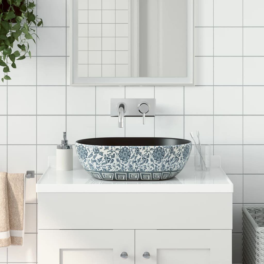vidaXL Waschbecken Aufsatzwaschbecken Schwarz und Blau Oval 47x33x13 cm Keramik