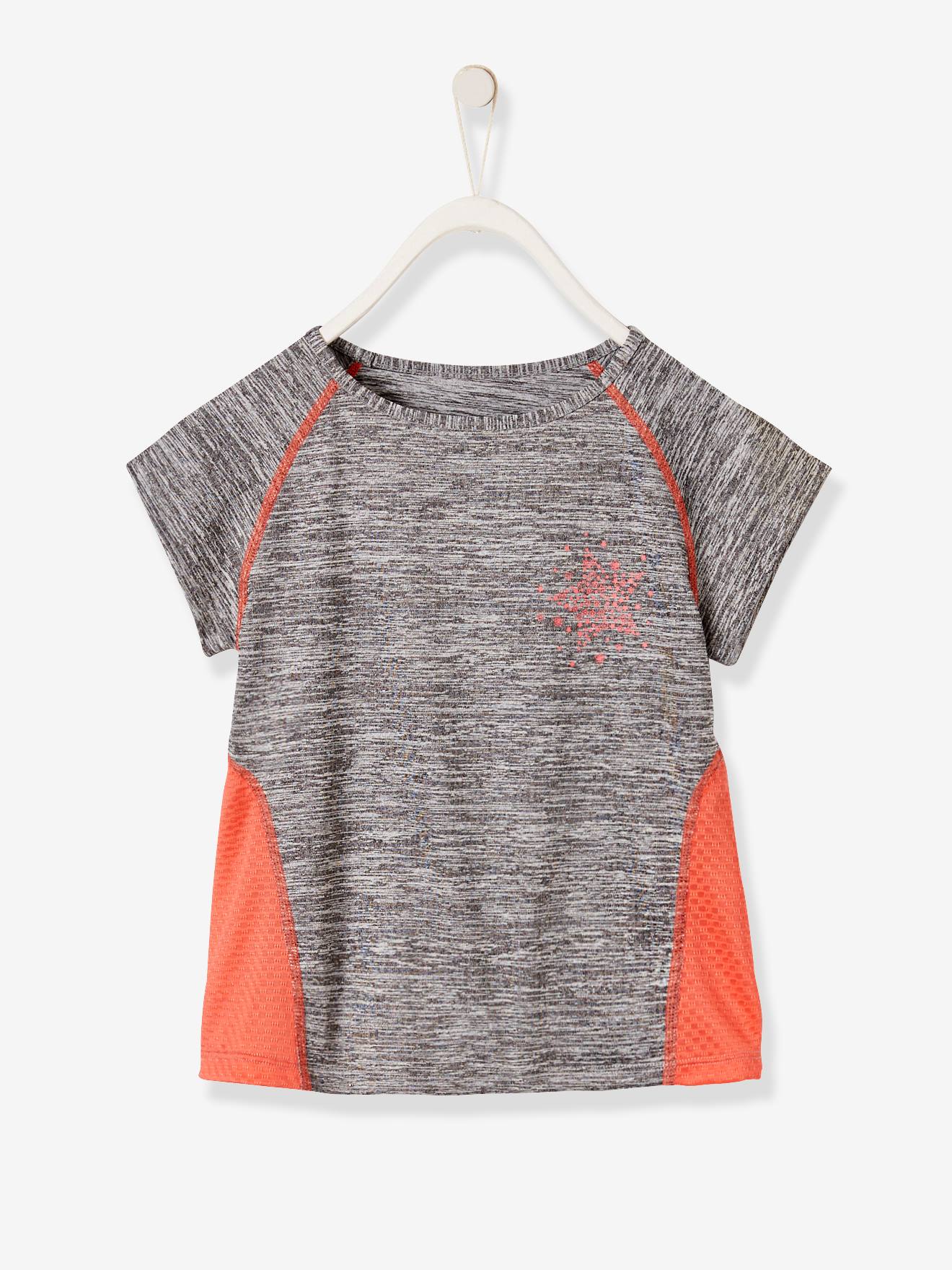 T-shirt fille sport manches courtes motif étoile gris