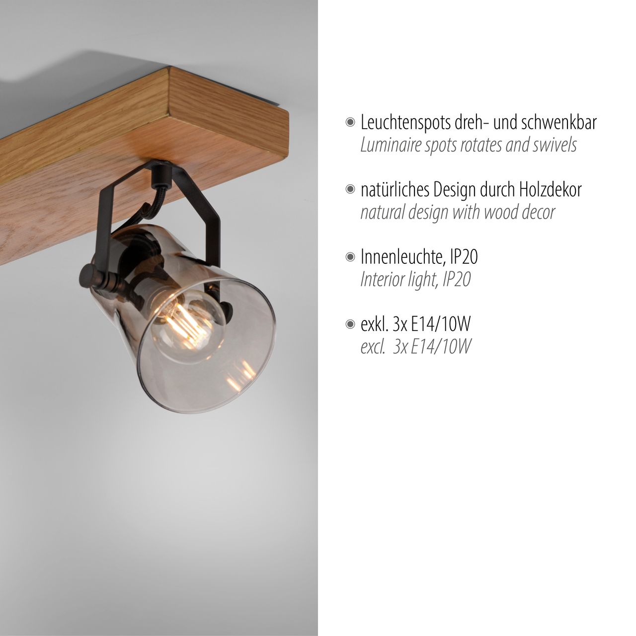 JUST LIGHT JUST LIGHT.  Deckenleuchte GREEN LANGSTRÖM, 3x E14/10Watt max., Holz-natur
