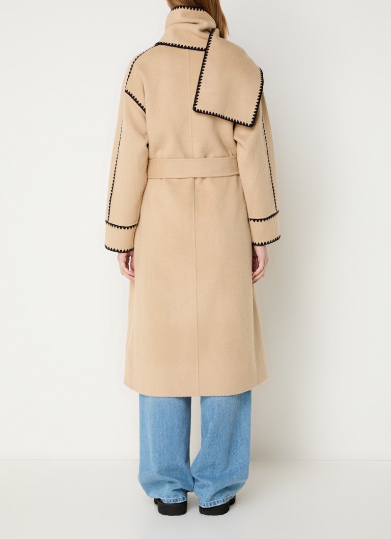 Maje coat in wool blend with bow belt and embroidery