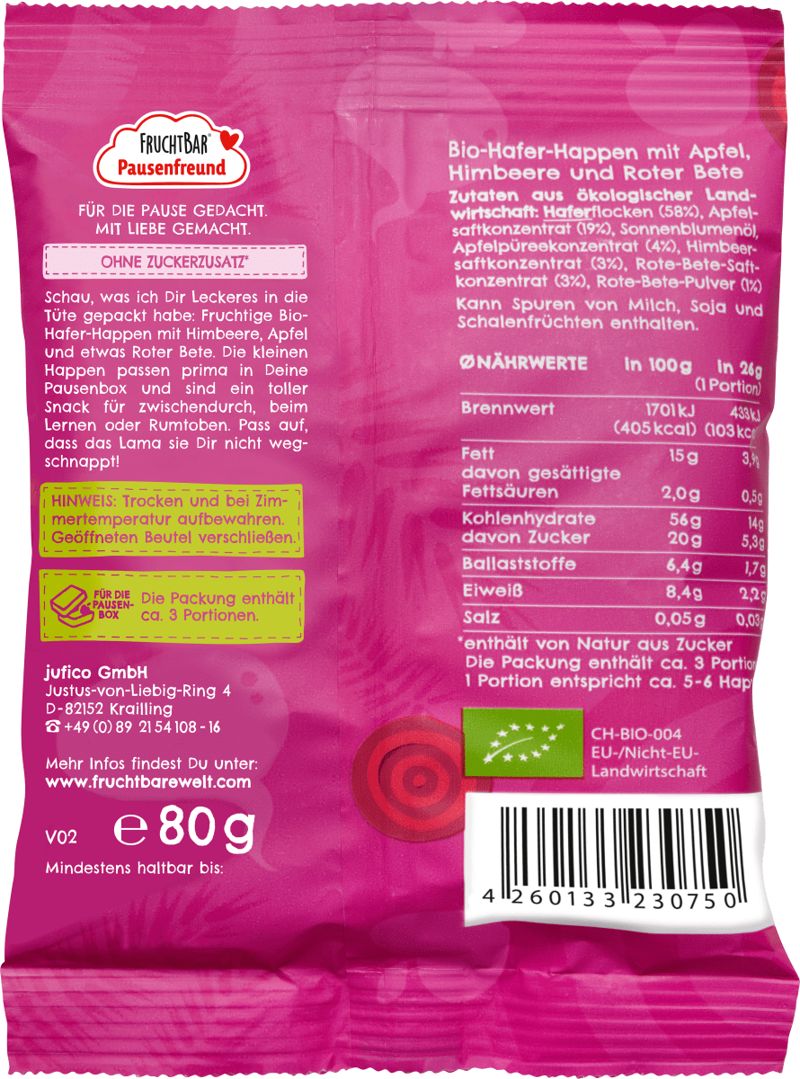 Kindersnack Pausenfreund Hafer-Happen, Himbeere, Apfel & Rote Bete ab 3 Jahren, 80 g