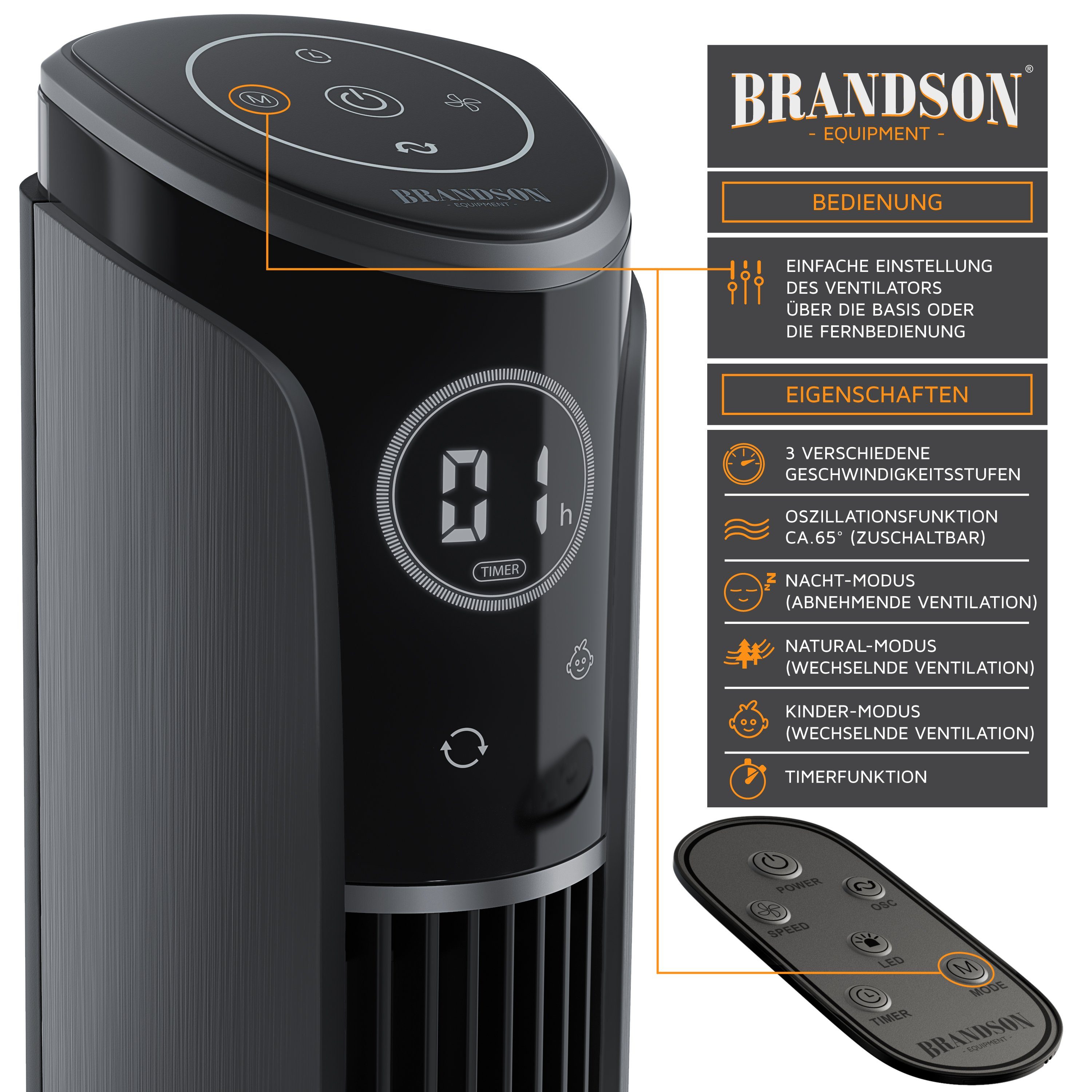 Brandson Turmventilator, Fernbedienung, 10° neigbar, Oszillation, 4 Modi, Standventilator 108cm