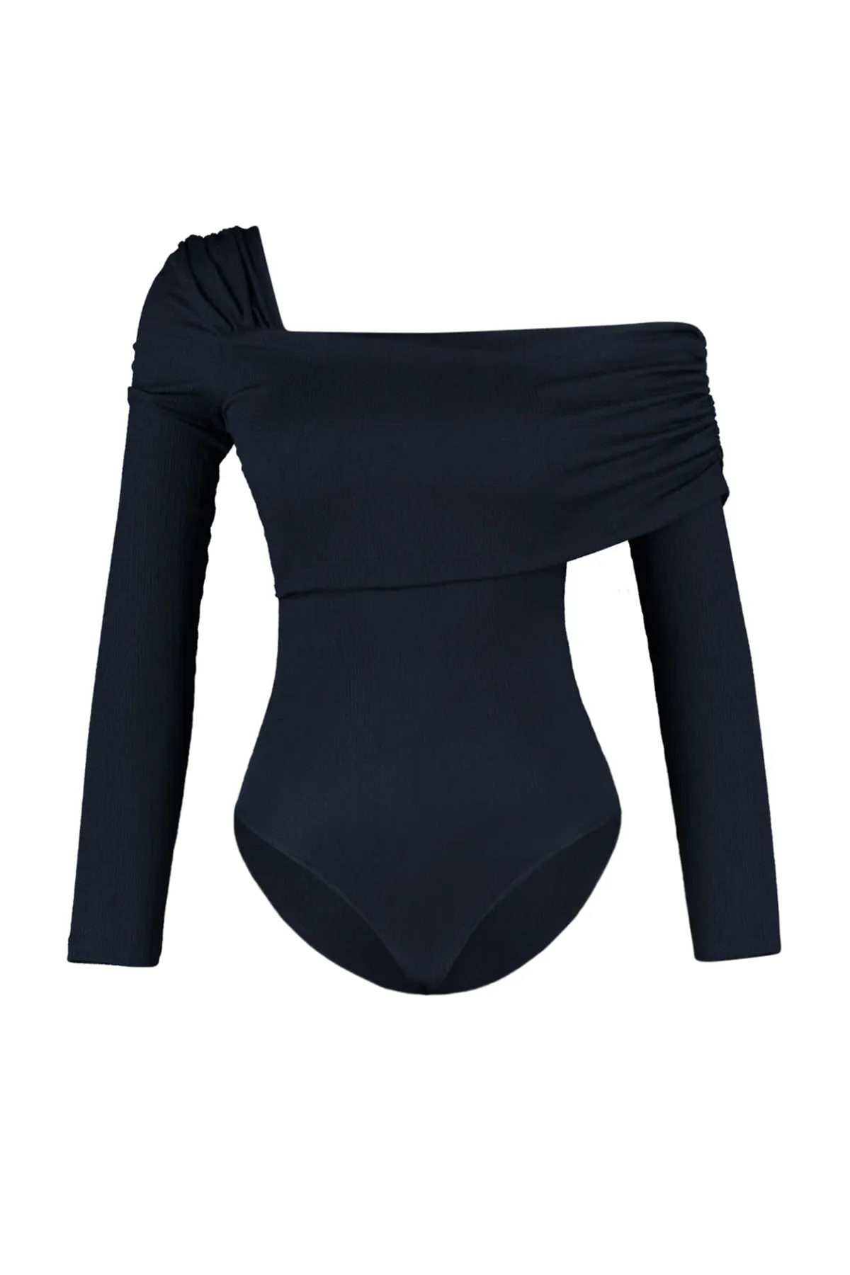 Trendyol Collection  Schwarzer asymmetrischer Kragen, detailreich drapiert, tailliert/körperbetont, figurbetonter Strickbody mit Wickelnieten TWOAW23BD00043