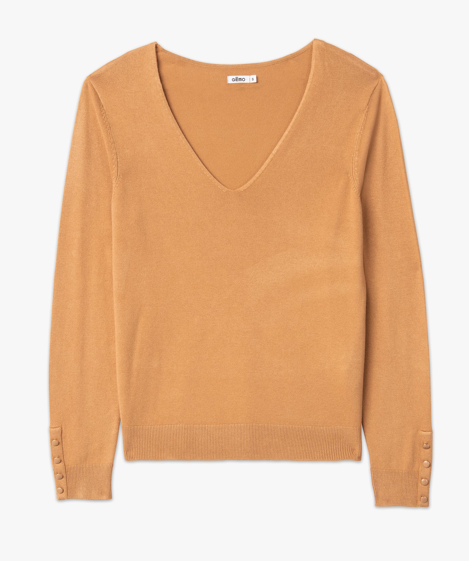Pull en maille fine à col V et boutons fantaisie femme camel | GEMO