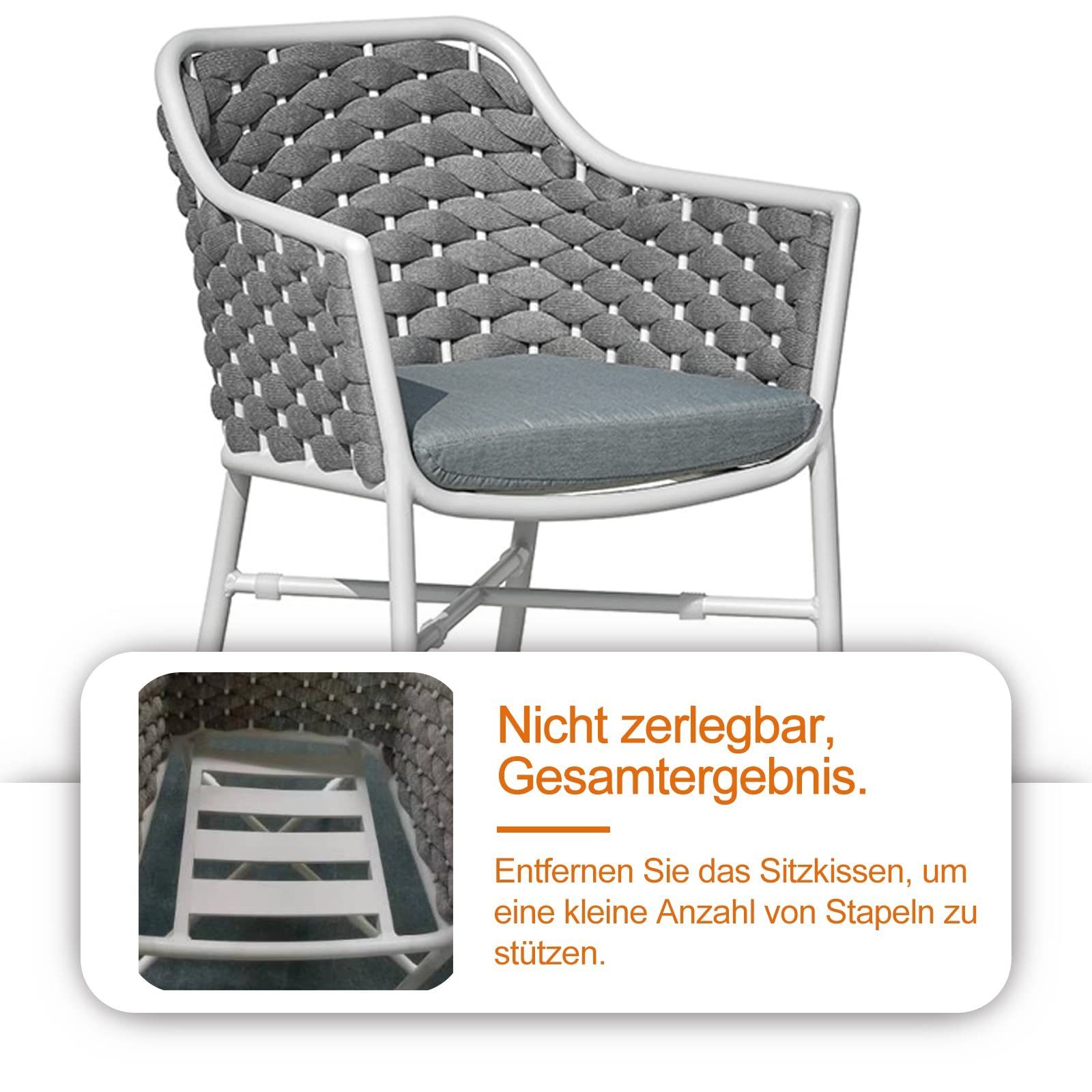 OKA Rattanstuhl Gartenstuhl-Set mit 2 Stück 58x57x79 cm, Mit Kordelgeflecht und weichem Sitzkissen, Edelstahlgestell