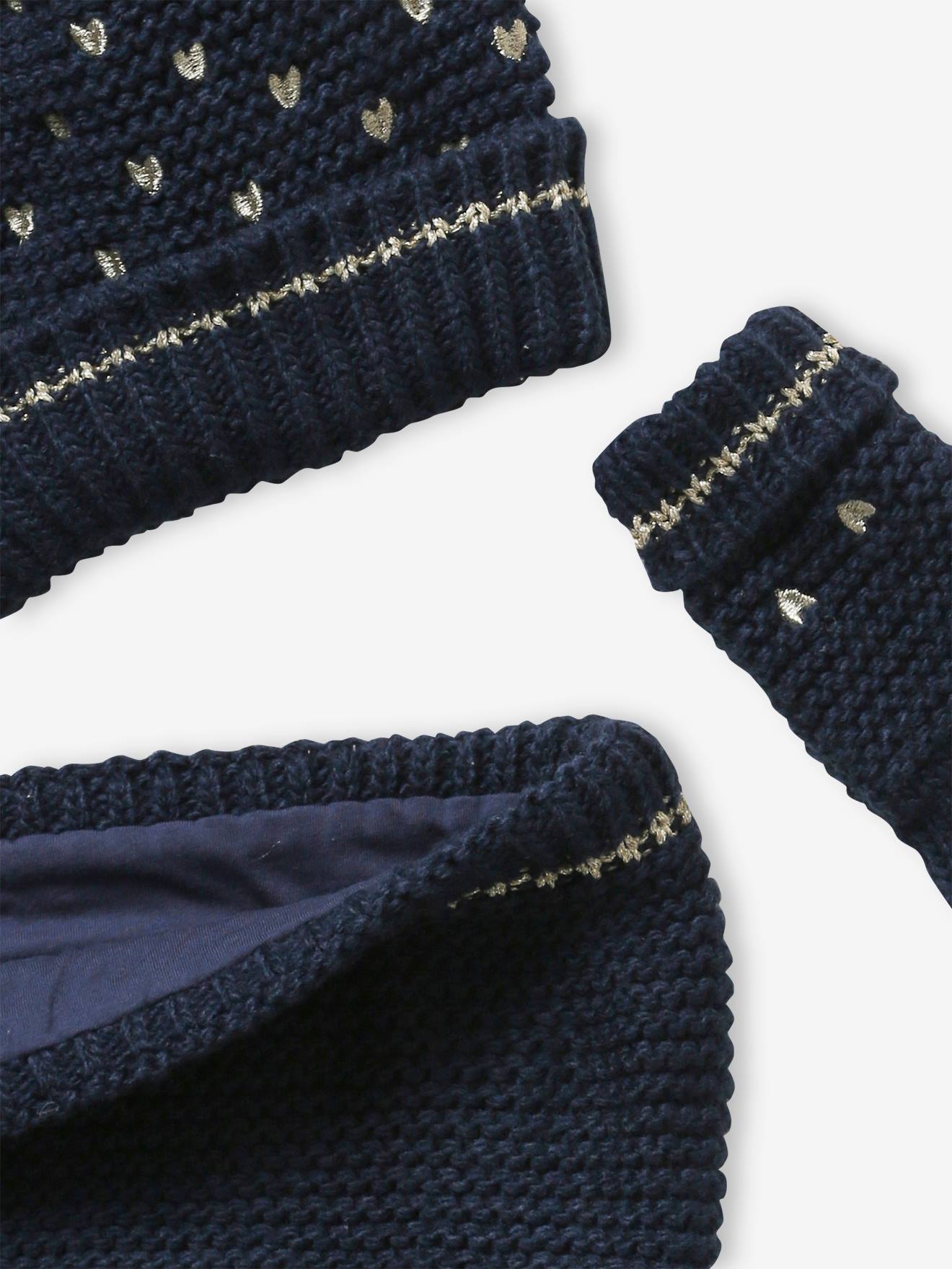 Ensemble bonnet + snood + gants coeurs fille encre imprimé