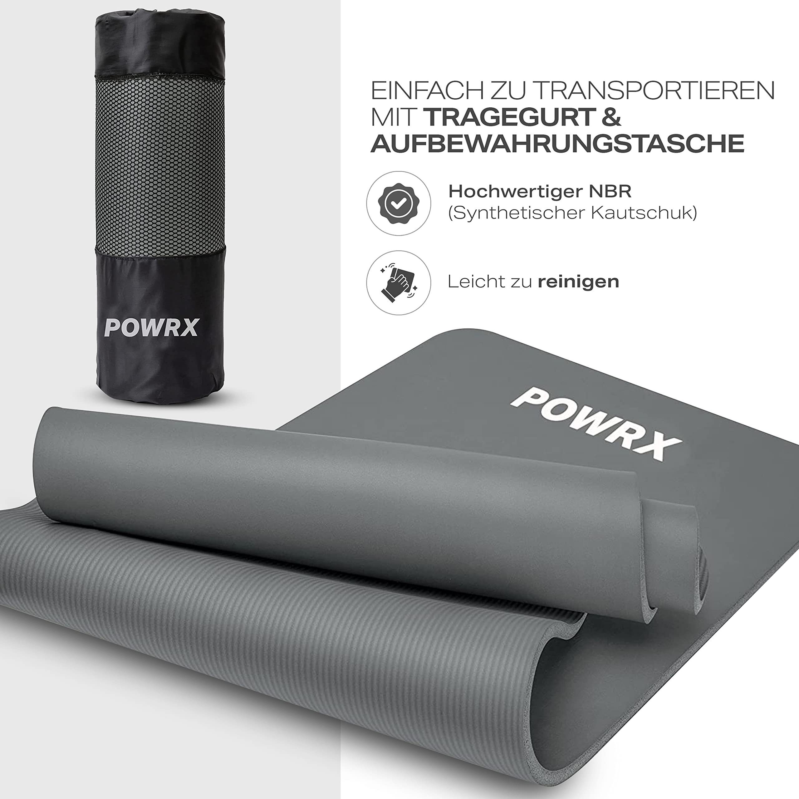 POWRX Yogamatte Gymnastik- & Yoga-Matte (Grau, 190x60cm) inkl. Trageband + Tasche, Grau 190 X 60 X 1.5 Cm