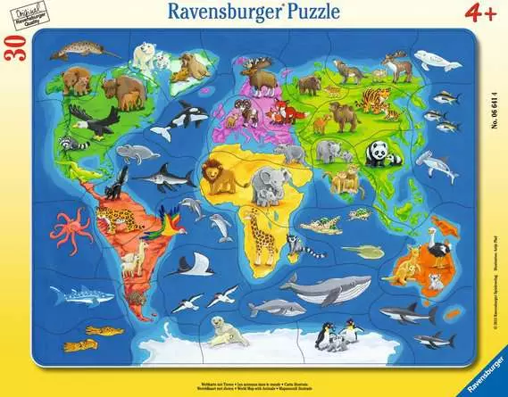 Kinderpuzzle ab 4 Jahren - Weltkarte mit Tieren - 30 Teile
