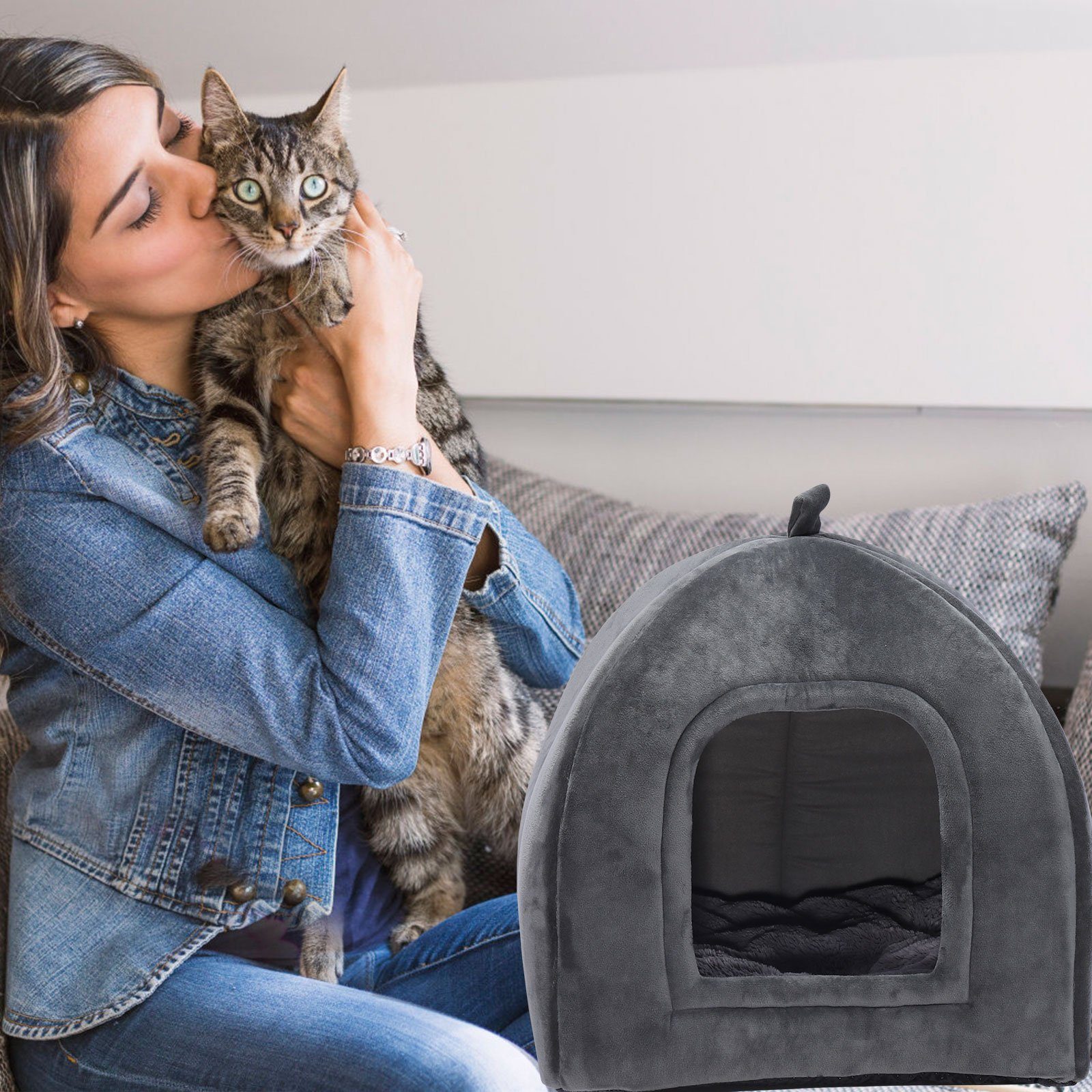 radelldar Tierbett Katzenhöhle Katzenbett große Katzen flauschig waschbar 42x42x45cm, Samt, Katzenhaus klappbar mit Kissen