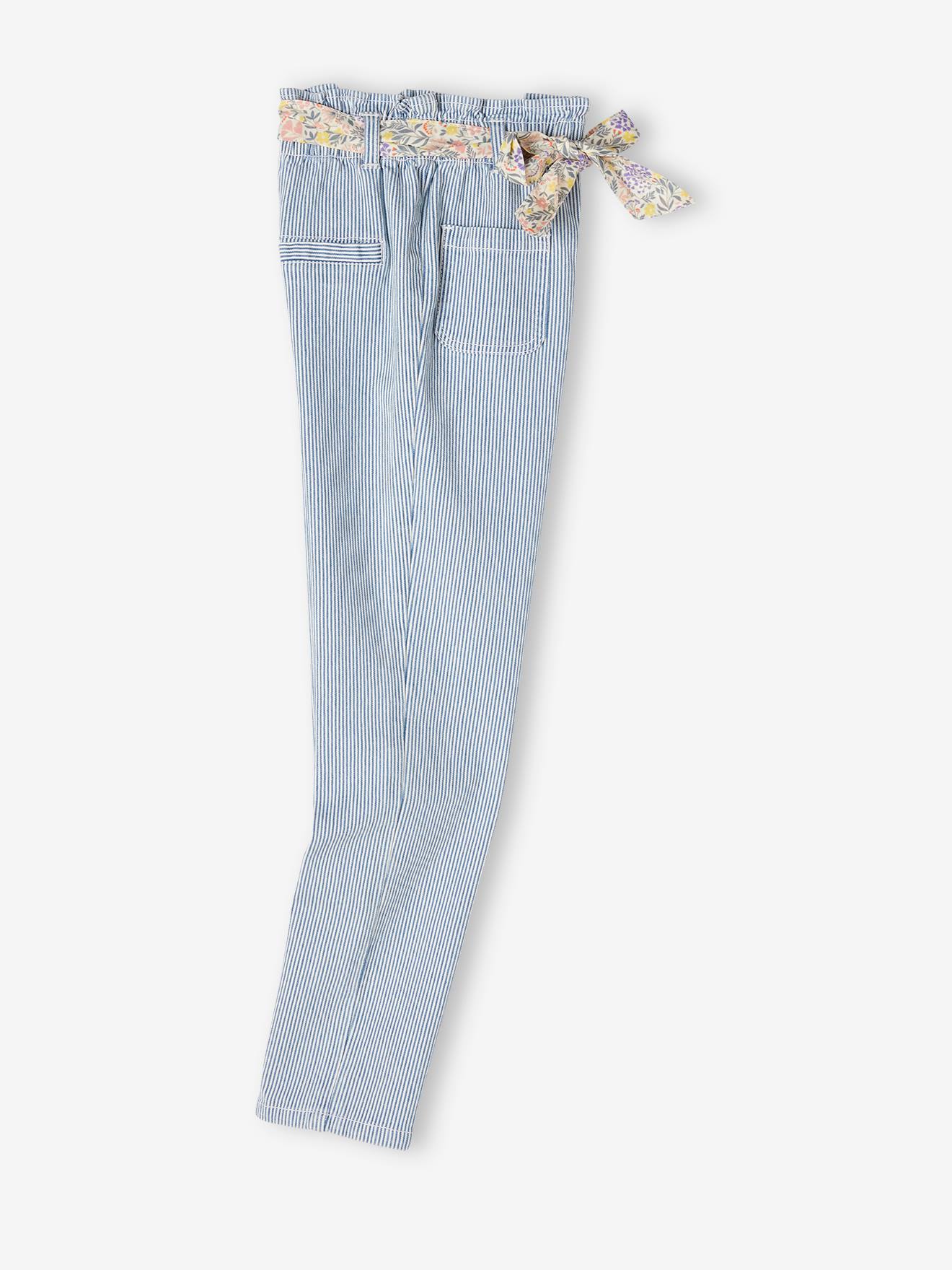 Pantalon paperbag rayé fille et sa ceinture imprimée fleurs rayé bleu