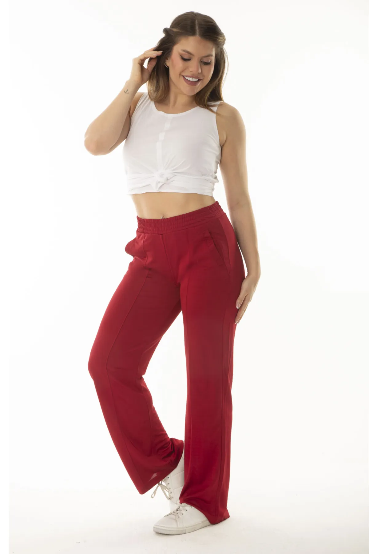 Şans  Damen-Trainingshose, große Größe, weinrot, Seitentasche, elastische Taille, weites Bein, 65N37055