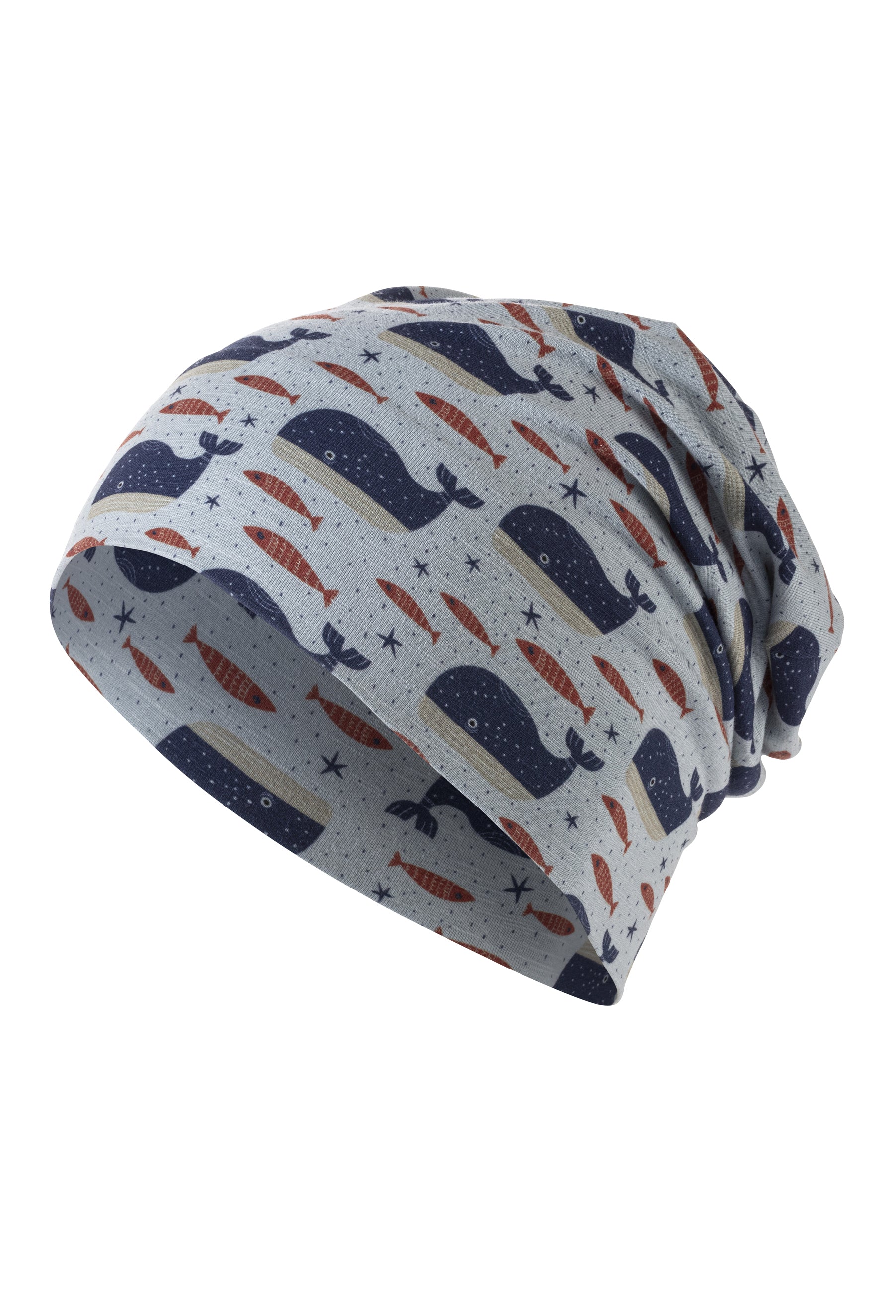 Beanie bedruckt mit Wal-Motiv in graublau