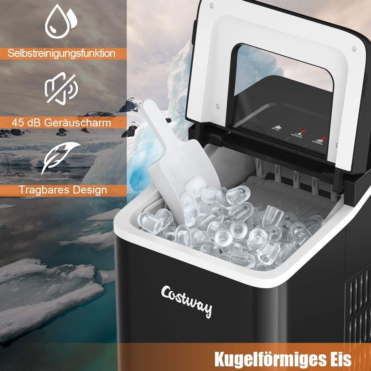 COSTWAY Eiswürfelmaschine, 9 Eiswürfel in 8 min, 12kg in 24 Std.