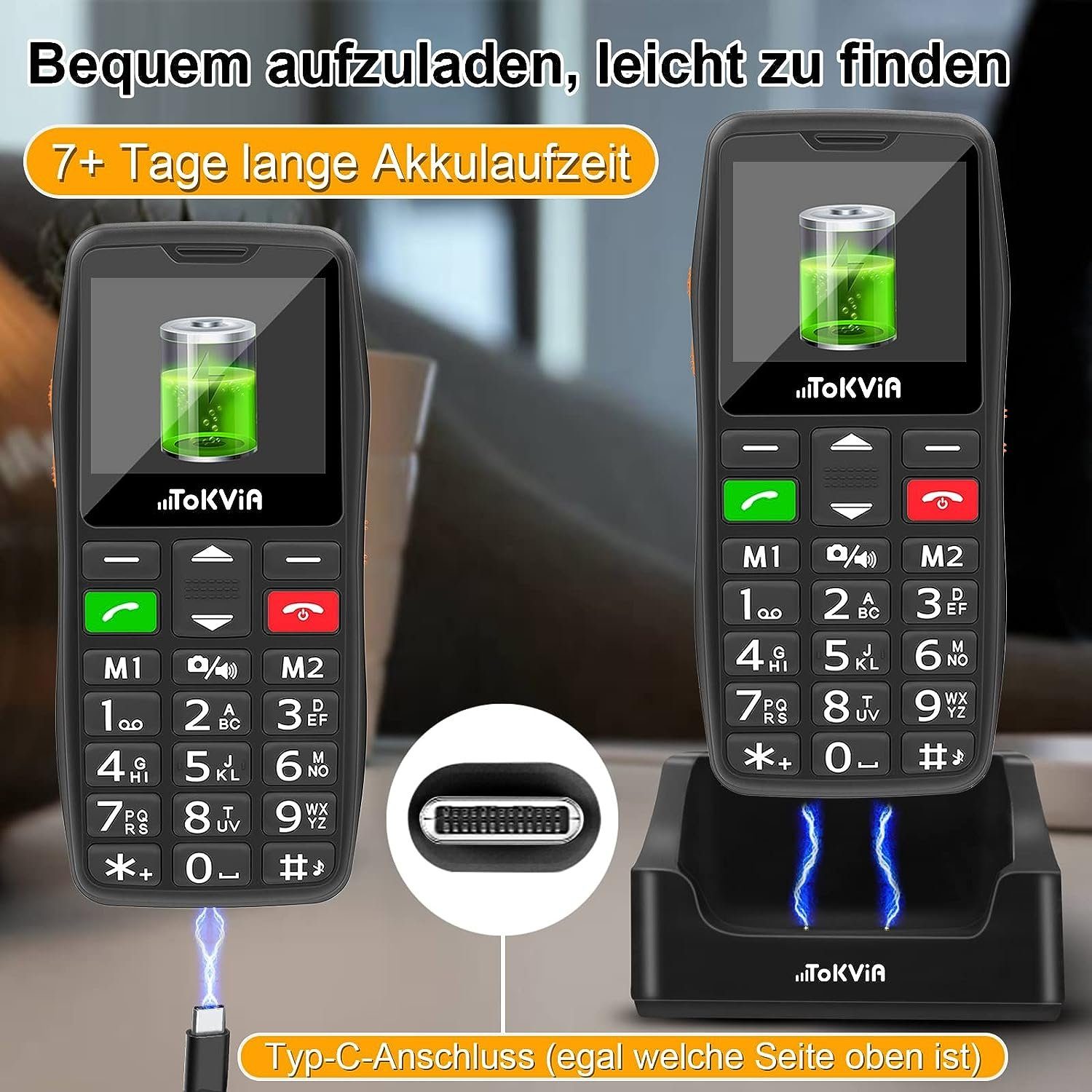 TOKVIA Seniorenhandy T102 GSM Handy m.großen Tasten Notruftaste ohne ertrag Seniorenhandy (64 GB Speicherplatz)
