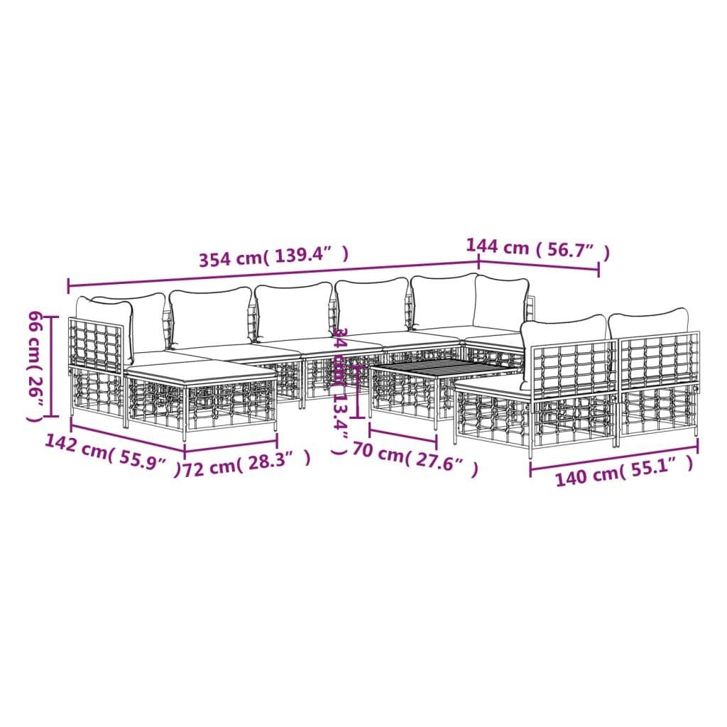 vidaXL Loungesofa 10-tlg. Garten-Lounge-Set mit Kissen Anthrazit Poly Rattan, 10 Teile