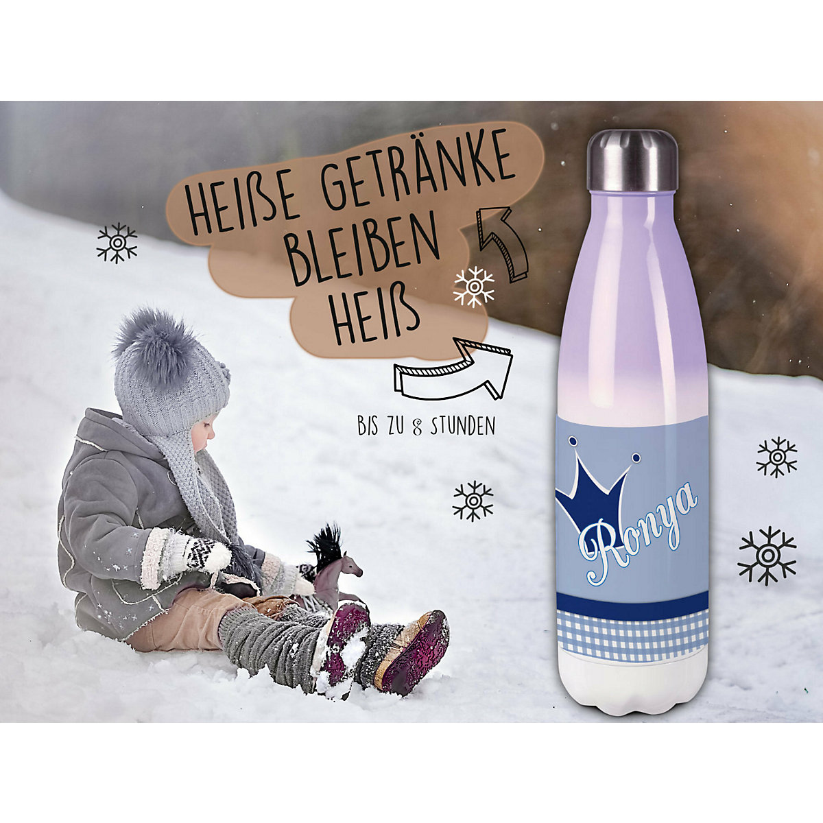 Edelstahl Kinder Thermoflasche / Trinkflasche bunt Krone Farbe blau Spülmaschinenfest, Auslaufsicher, Bruchfest, Doppelwandig, Für Heißgetränke geeignet, Mit Deckel, Isoliert