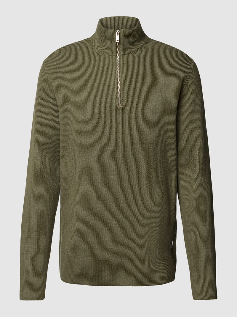 Strickpullover mit Stehkragen und Reißverschluss in olivgrün