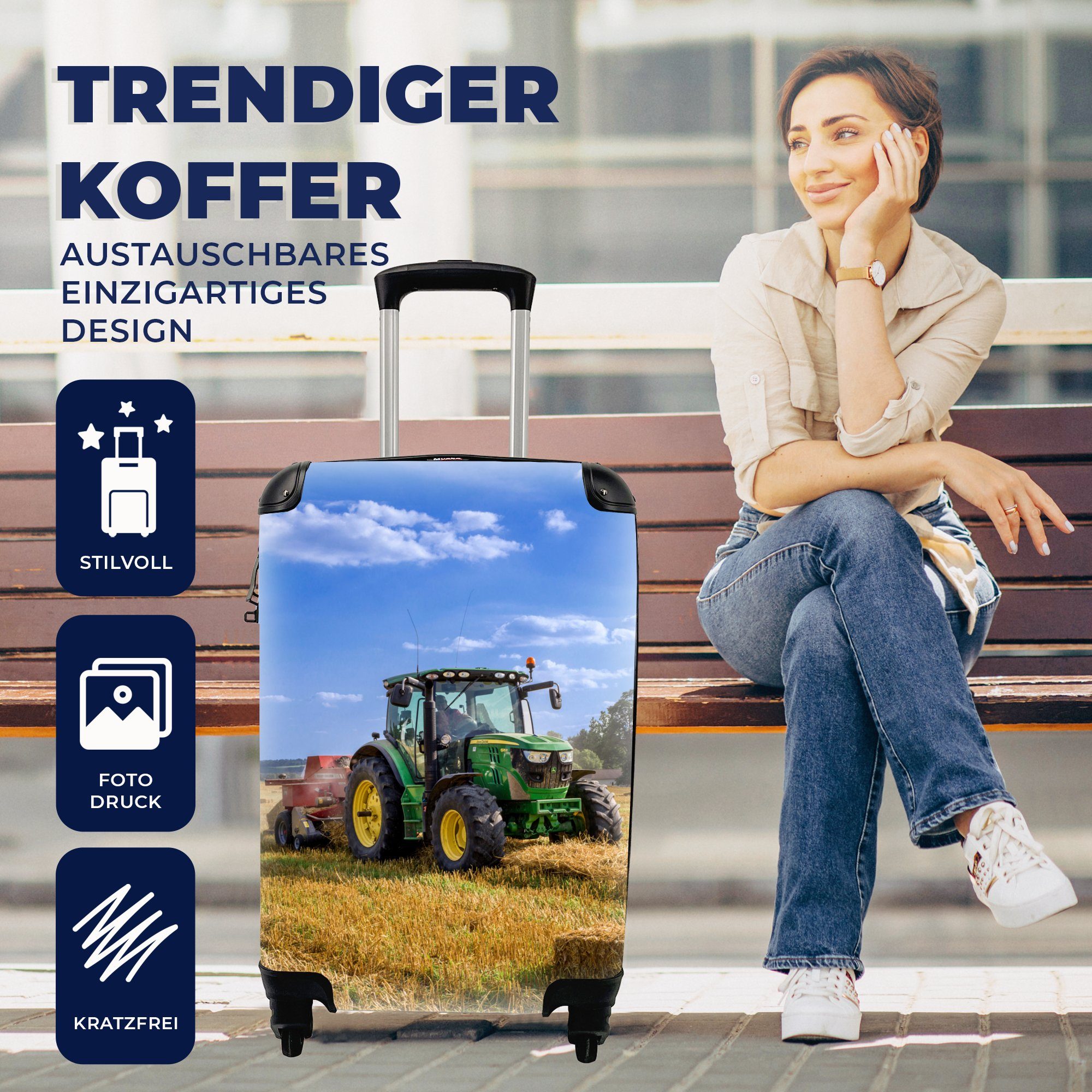 MuchoWow Handgepäckkoffer Traktor - Bauernhof - Heu - Feld - Sonne - Landleben, 4 Rollen, Reisetasche mit rollen, Handgepäck für Ferien, Trolley, Reisekoffer