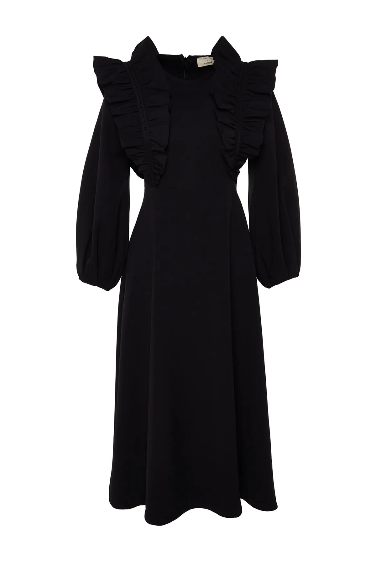 Trendyol Modest  X Kevser Sarıoglu Schwarzes Abendkleid mit Rüschendetails und Schultern TCLSS23DB00008