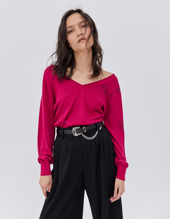 Pull rose en tricot à décor rock strass Femme