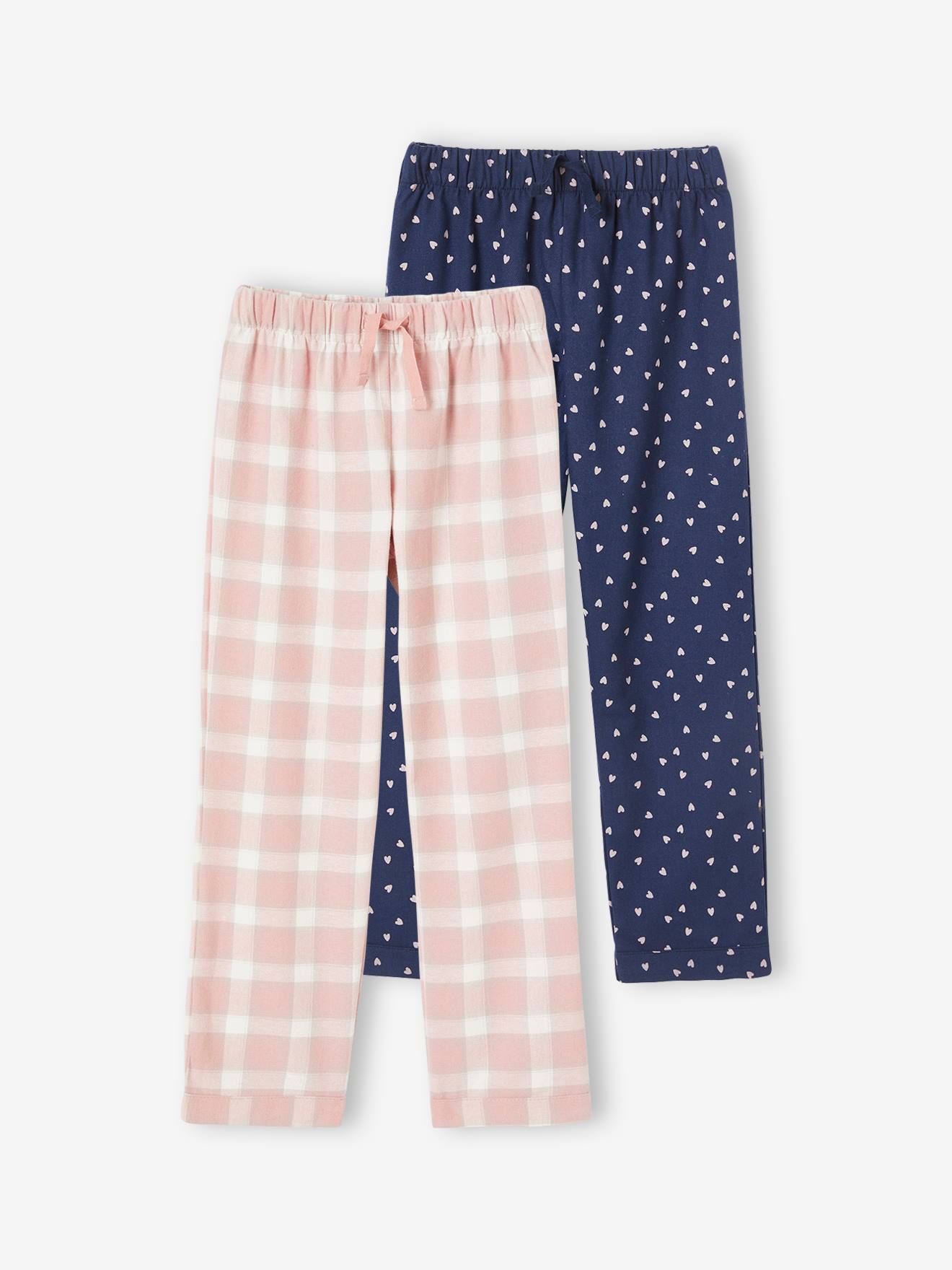 Lot de 2 bas de pyjamas en flanelle fille lot carreaux rose thé et bleu