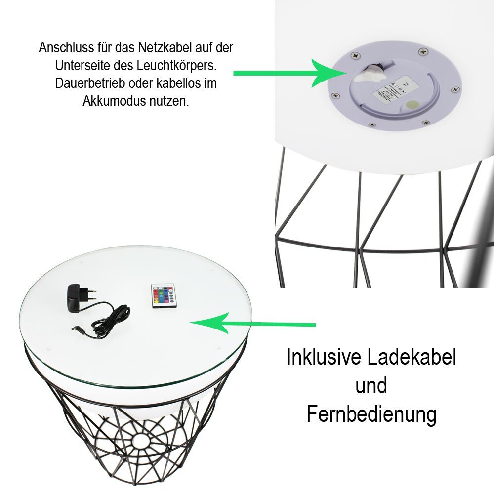 Arnusa Couchtisch LED Beistelltisch beleuchtet rund Korbtisch Metall 50x56 cm, Tisch mit Fernbedienung kabellos nutzbar RGB+W Lounge