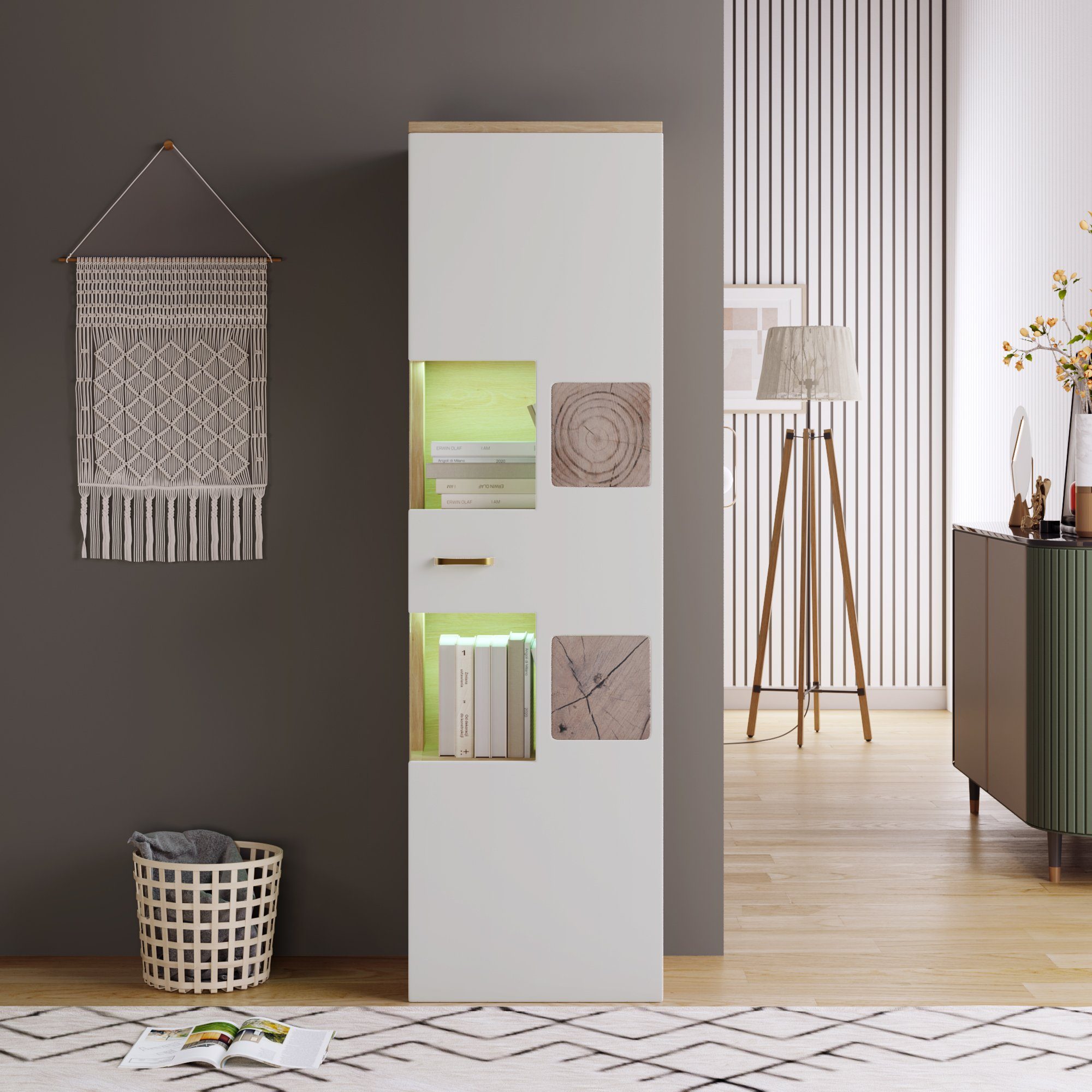 REDOM Vitrine (155 x 52 x 40 cm) Ausreichend Stauraum, mit LED-Beleuchtung