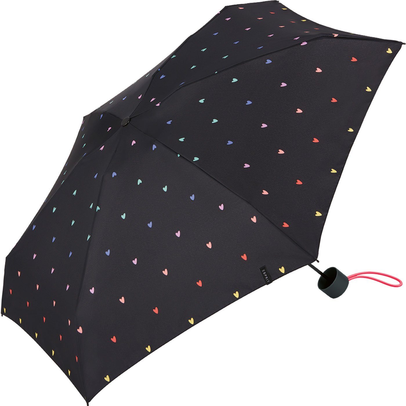 Esprit Taschenregenschirm Damenschirm Super Mini Petito - Sweetheart, mit vielen kleinen, bunten Herzen