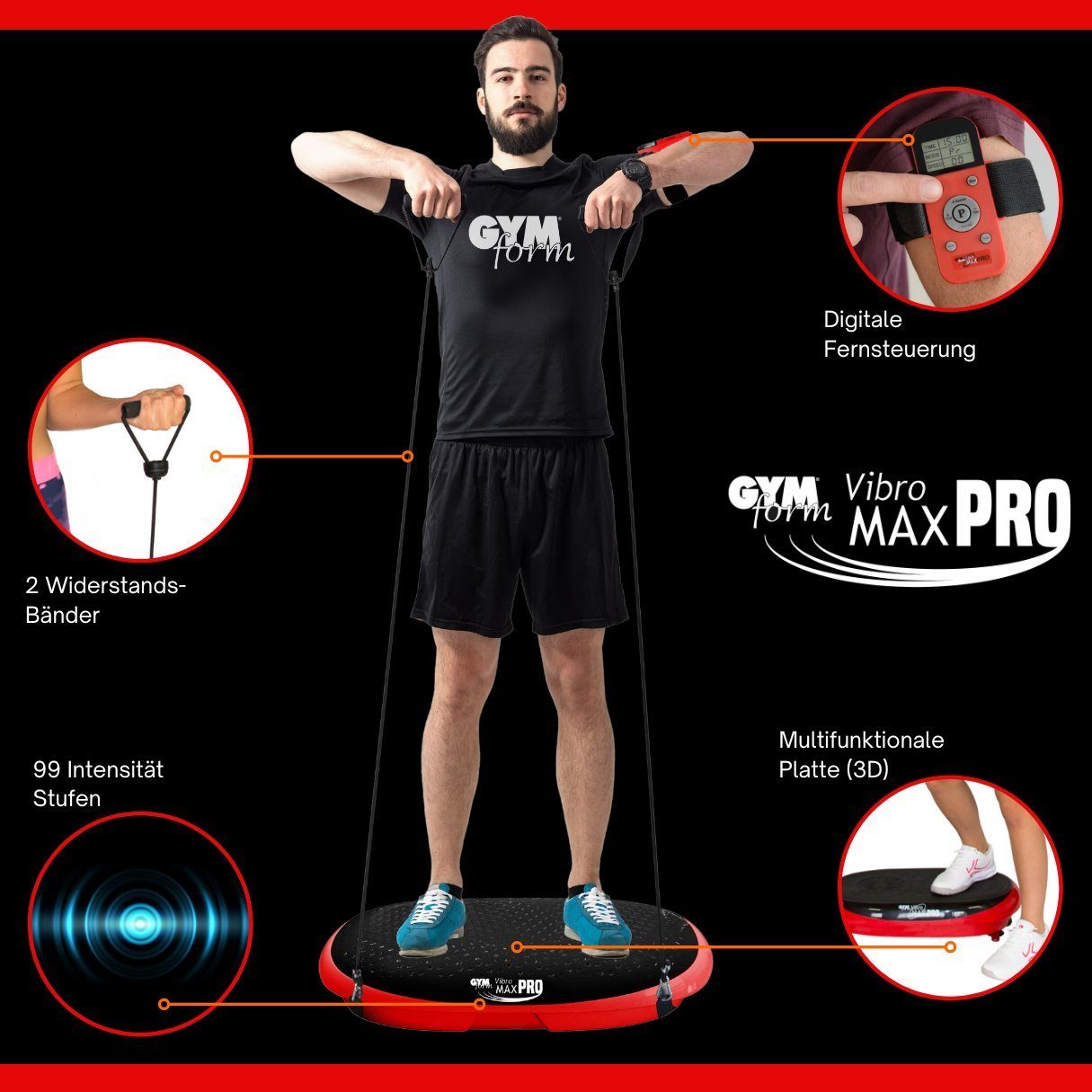 Gymform® Vibrationsplatte VibroMax PRO Trainingsplatte, 200,00 W, 99 Intensitätsstufen, (4 tlg), 10 Programme, inkl. Trainingsbänder und Fernbedienung