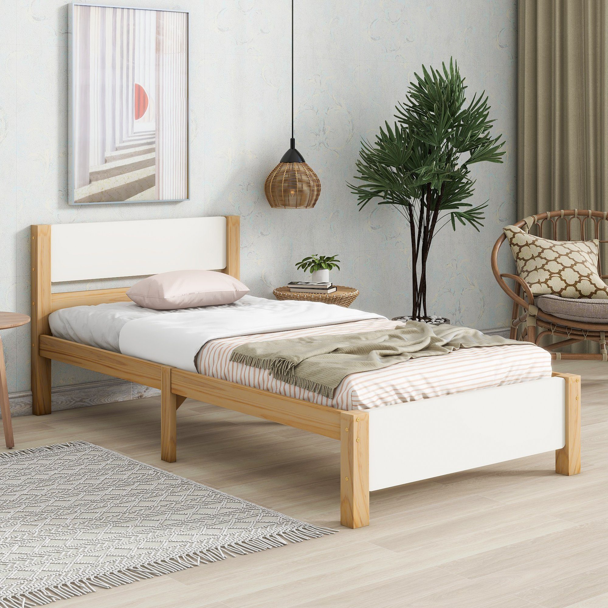 Fangqi Holzbett Kiefernholzrahmen mit Mittelfuß, Weiß + Natur, 90/140x200cm, Doppelbett/Doppelbett, Jugendbett, Erwachsenenbett Holzbett