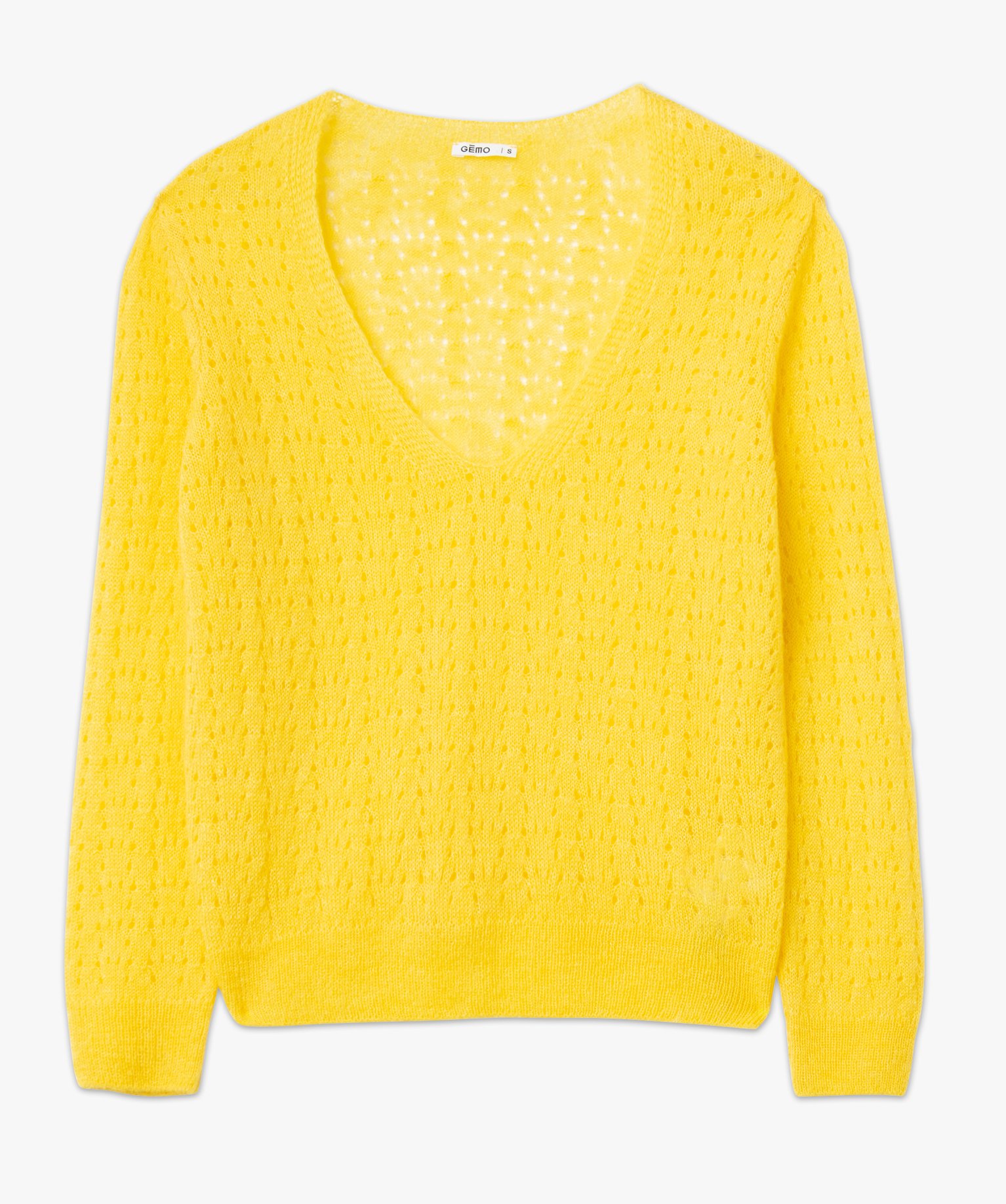 Pull léger à col V en maille ajourée femme jaune | GEMO