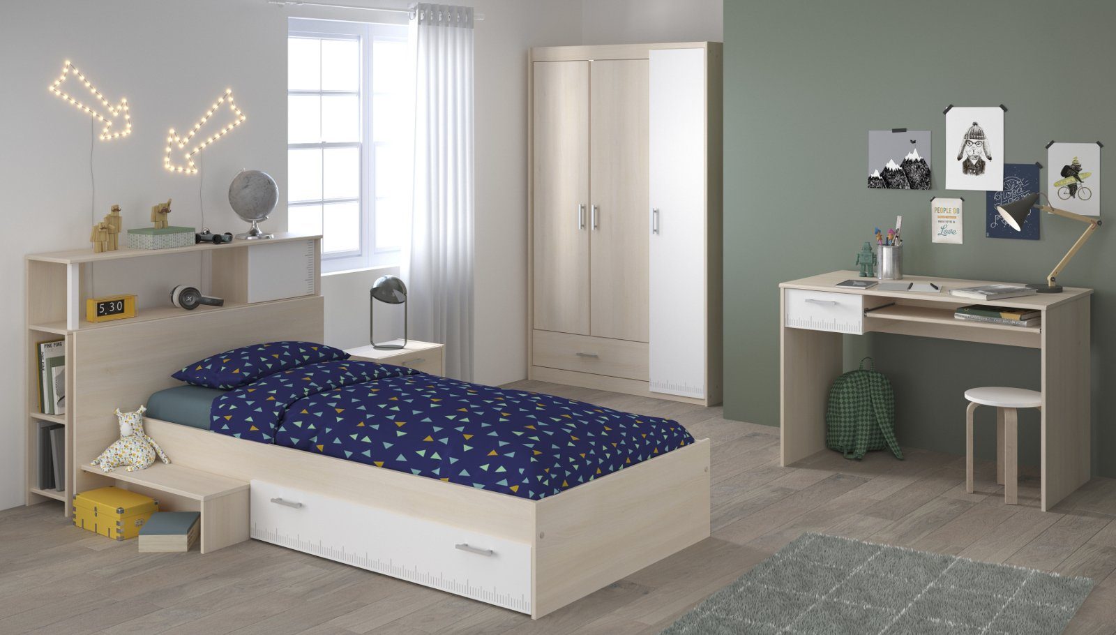 Parisot Jugendzimmer-Set Charly, (Kinderzimmer Komplett-Set, 5-teilig), mit 3-türigem Kleiderschrank