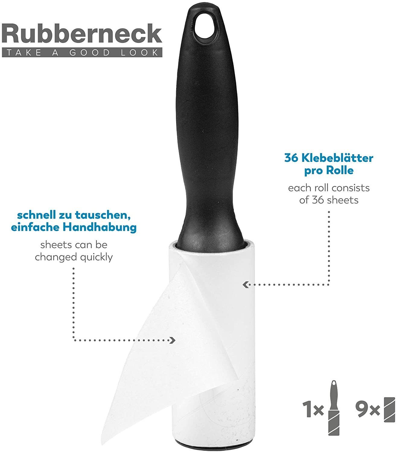 RUBBERNECK Fusselroller 360 Blatt, ideal zur Entfernung von Tierhaaren, Staub, Fusseln