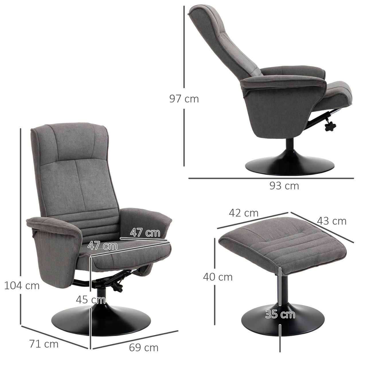 HOMCOM Relaxsessel mit Fußhocker verstellbare Rückenlehne für Schlafzimmer Schaumstoff Dunkelgrau 69 x 71 x 104 cm