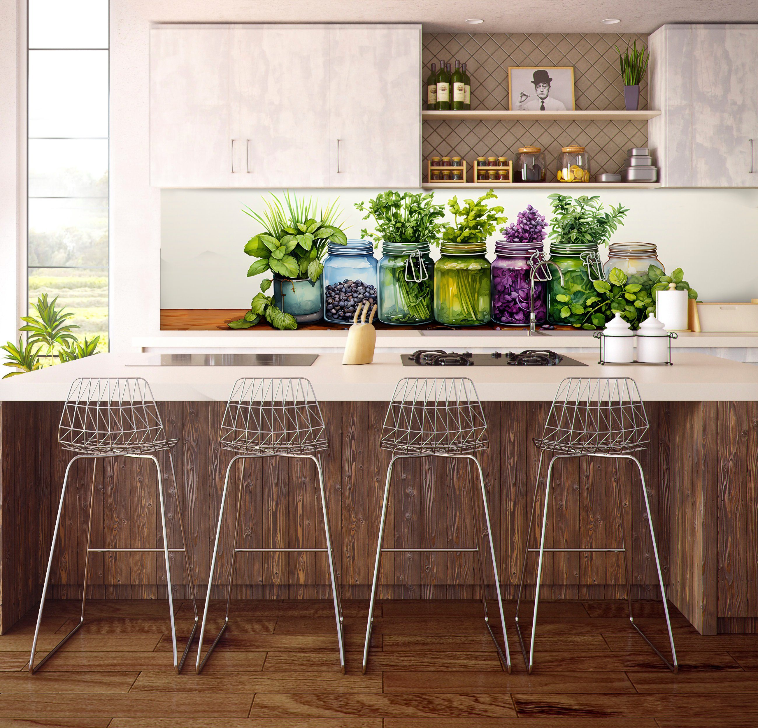 Wallarena Fototapete Küche Kräuter im Glas Vlies Tapete Wandtapete 250x60 cm, Glatt Vlies, Abwaschbares Vlies, Natur, Tapete inklusive Kleister Vliestapete Motivtapete Laminiert Waschbar