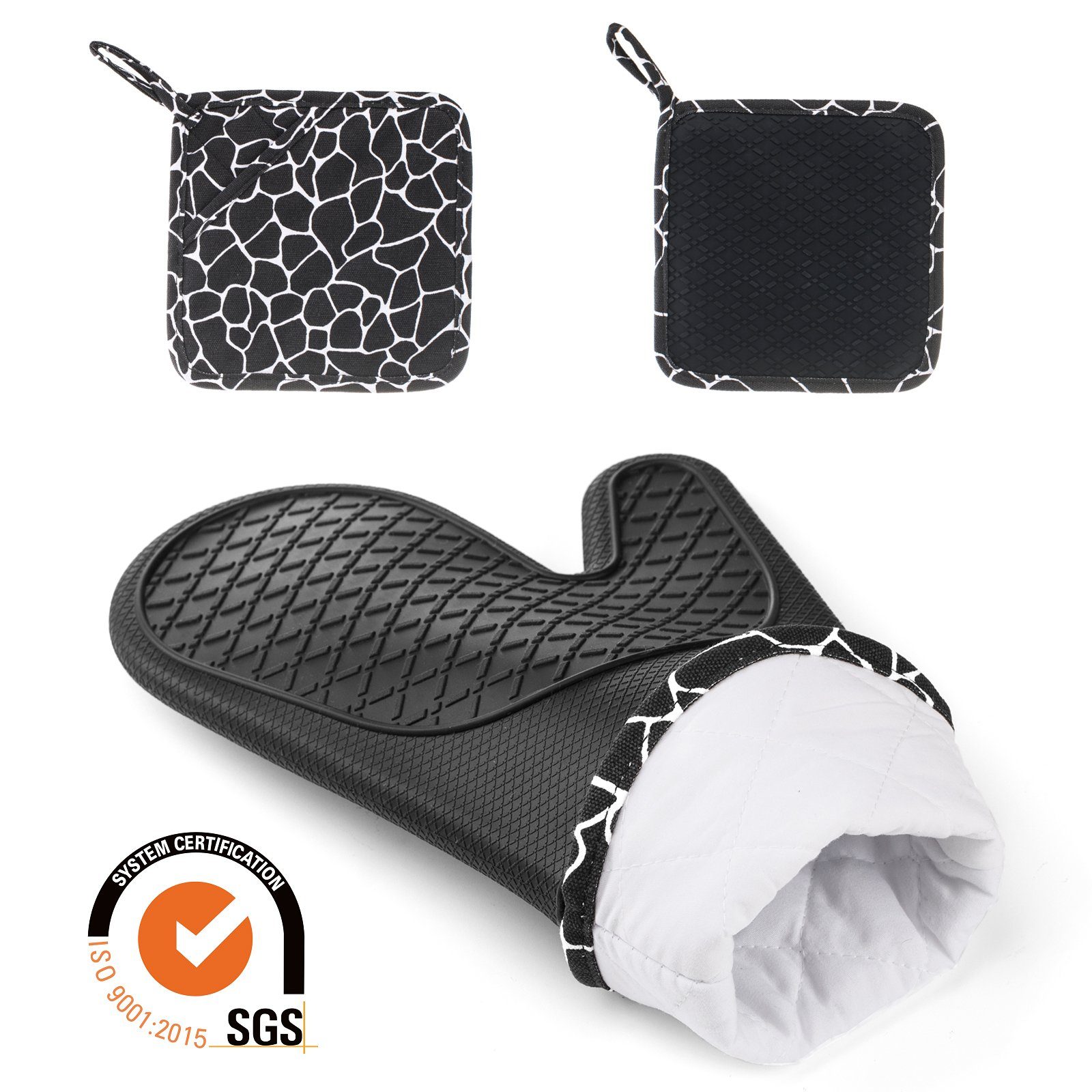 Elegear Topfhandschuhe 2 Topflappen, 1Paar Handschuhe, Hitzebeständig, rutschfest, (4-tlg), mit Halbsilikonpads, Topflappen für Kochen, Backen, Grillen, Schwarz