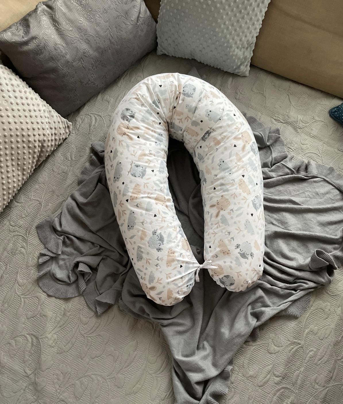 Loolay Stillkissen 100% Bio-Baumwolle LUX Schwangerschaftskissen Seitenschläferkissen, MUSTER: HASE Beige-Weiß; WEICH Füllung + 100% BIO-Baumwolle Kissenbezug, XXL 170 cm Stillkissen + Bezug mit Reißverschluss! PREMIUM Geschenk, LOOLAY® - 100% Europä