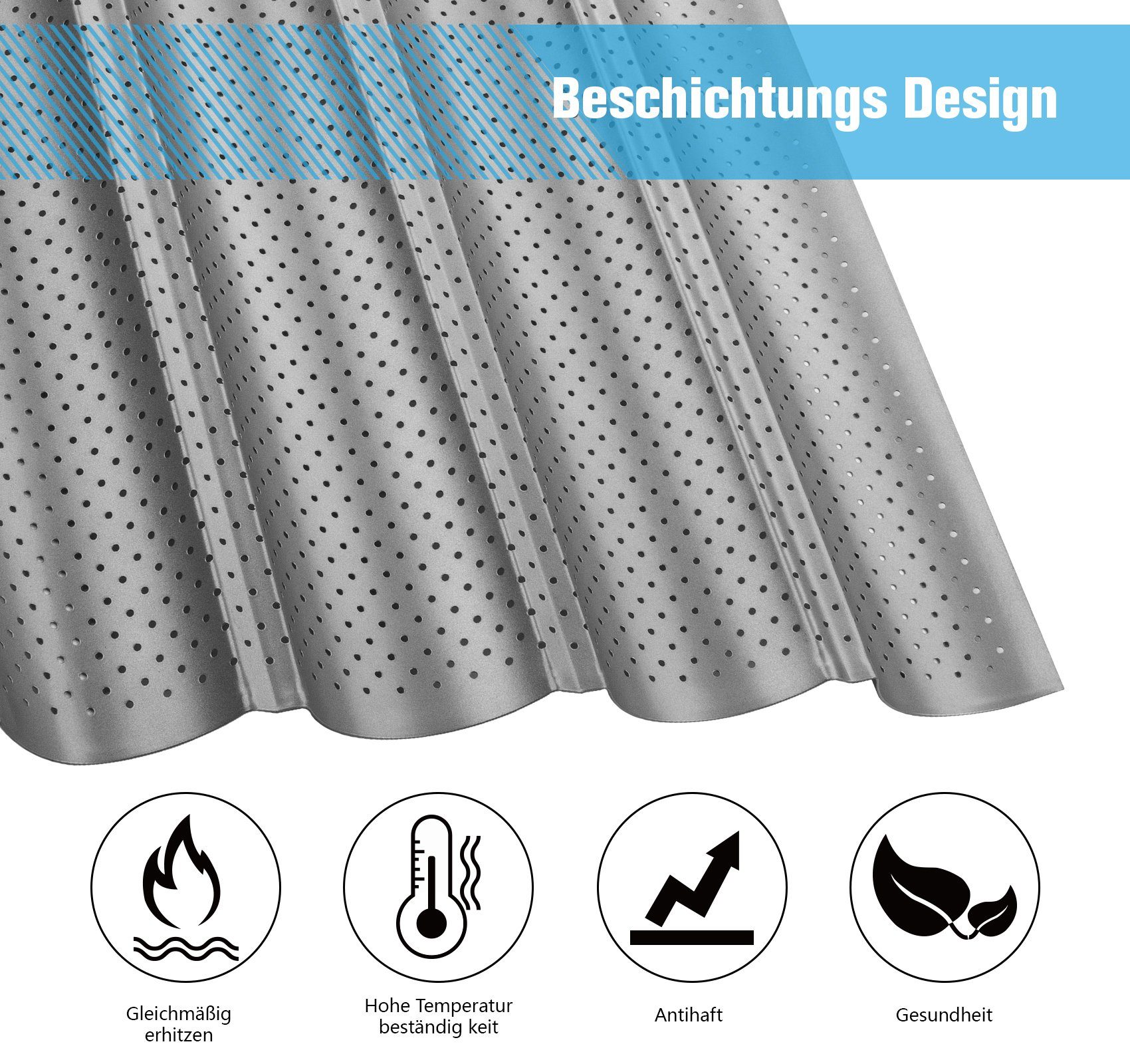 Homewit Baguetteblech 37,8 x 32 x 3 cm Brot Backform, 4 Brotrillen, Kohlenstoffstahl, (1-St., Bestehend aus Kohlenstoffstahl und Antihaftbeschichtung), Korrosions- und Rostschutz, Langzeitanwendung