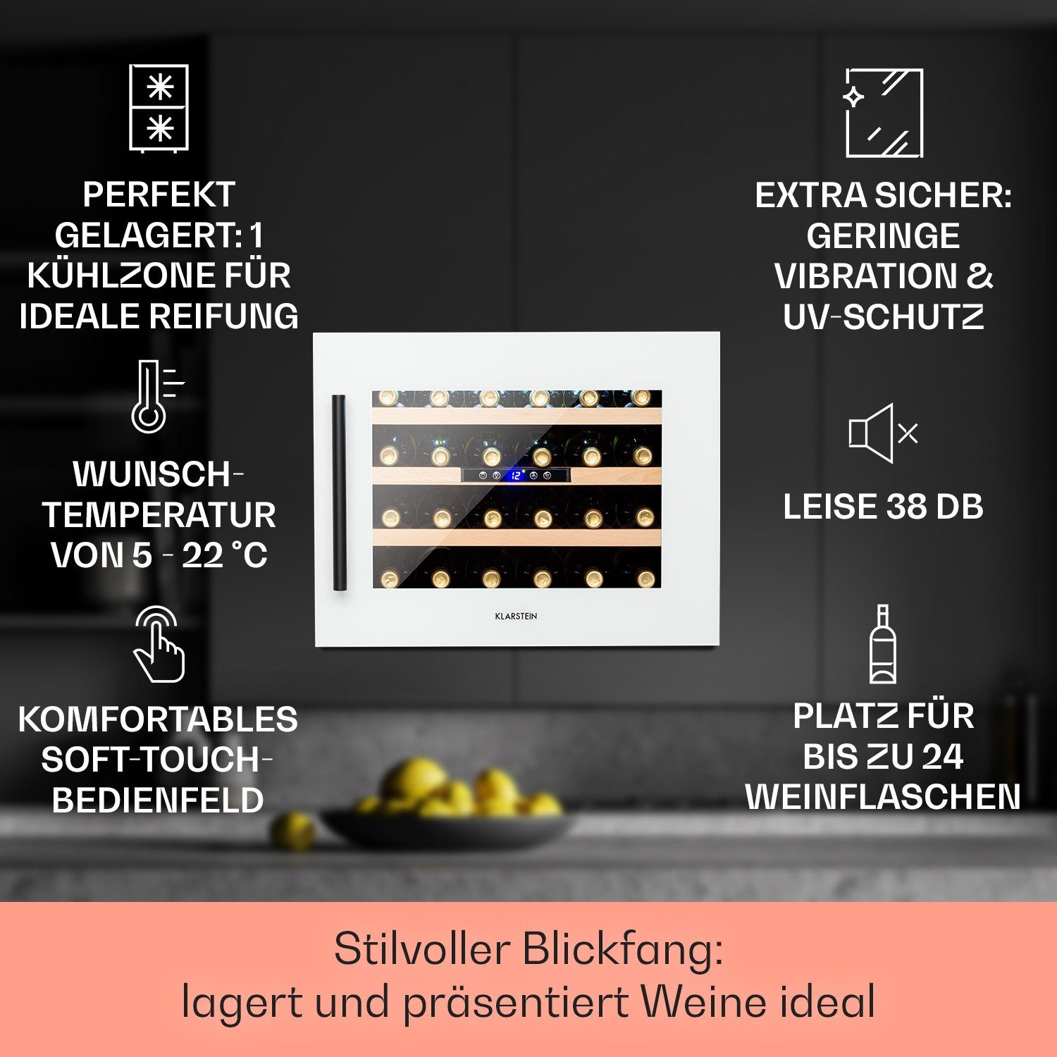 Klarstein Weinkühlschrank Vinsider, für 24 Standardflaschen á 0,75l,Wein Flaschenkühlschrank Weintemperierschrank Weinschrank Kühlschrank