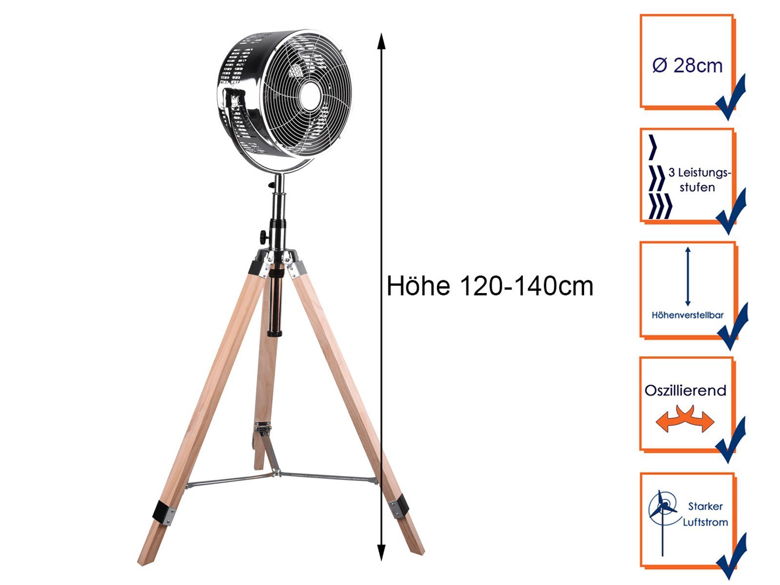 TRIO Standventilator, Großer Design Raum-Lüfter Windmaschine Zimmer-Ventilator, Holz-Beine