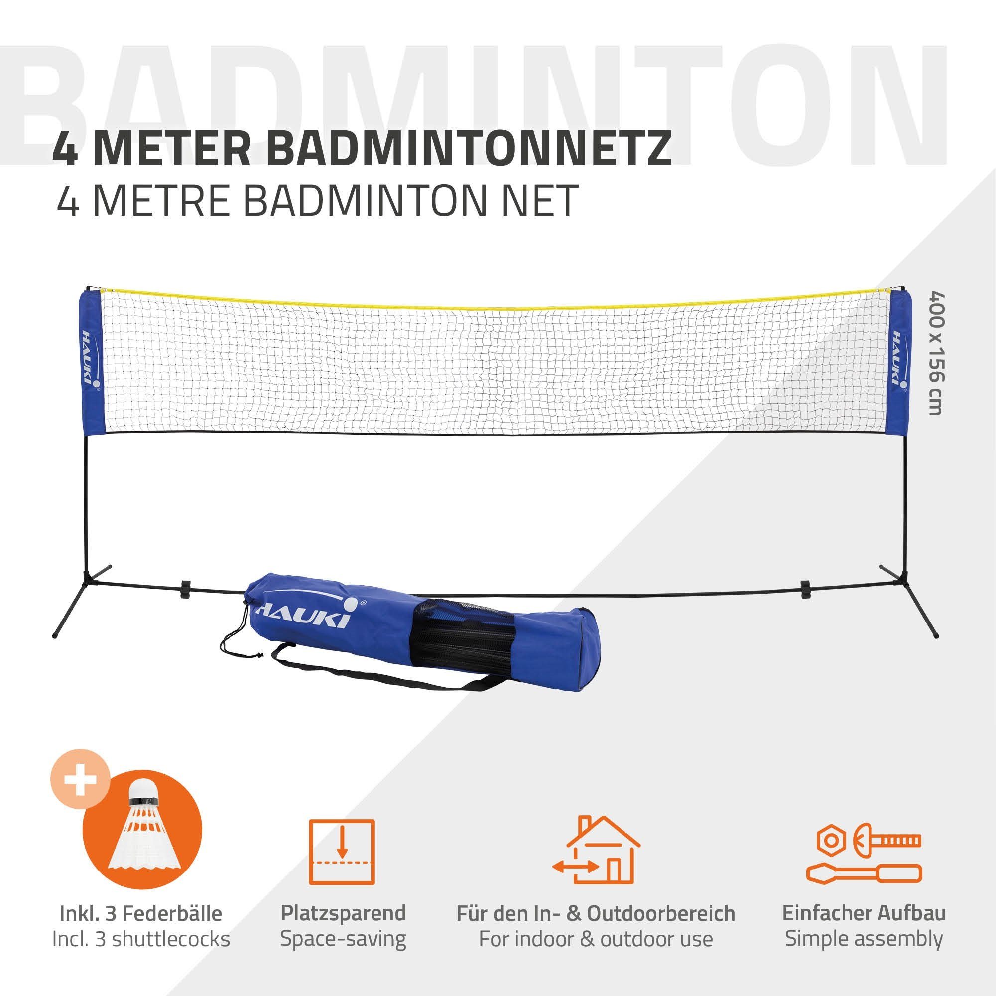 Hauki Badmintonnetz Tennisnetz Volleyballnetz Trainingsnetz Federballnetz Set (Komplett-Set, 5-St., Netz, Tragetasche, Federbälle), Blau 400cm 156cm inkl. 3x Federball Transporttasche Eisen-Gestell