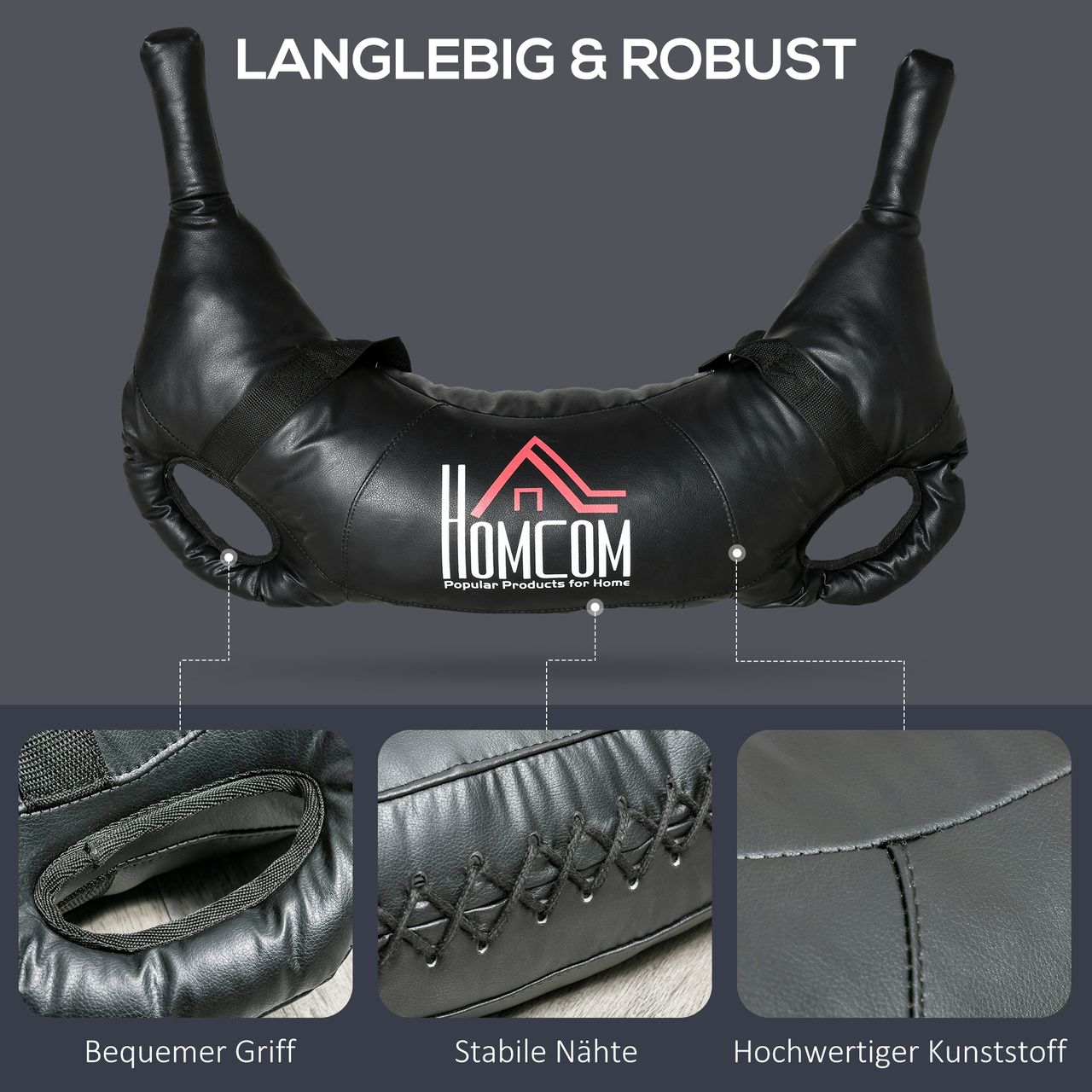 HOMCOM Bulgarian Bag Krafttrainingstasche 25kg Krafttraining Trainingsgerät für Fitnesscenter und Zuhaus Gewichtssack Sandsäcke mit 2 Griffen und 2 Tragegurten Metallsand Schwarz