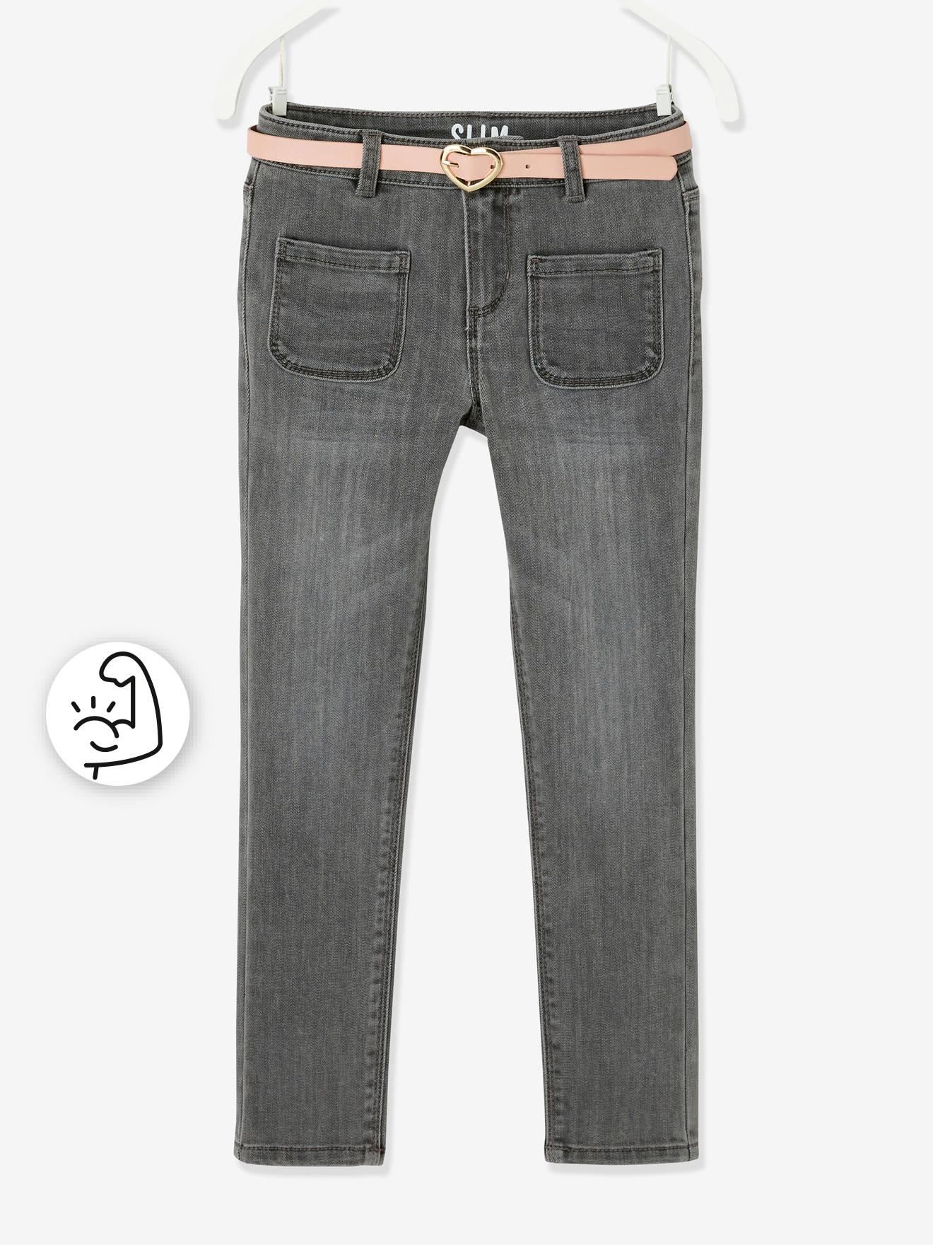 Jean slim indestructible fille et sa ceinture fantaisie gris