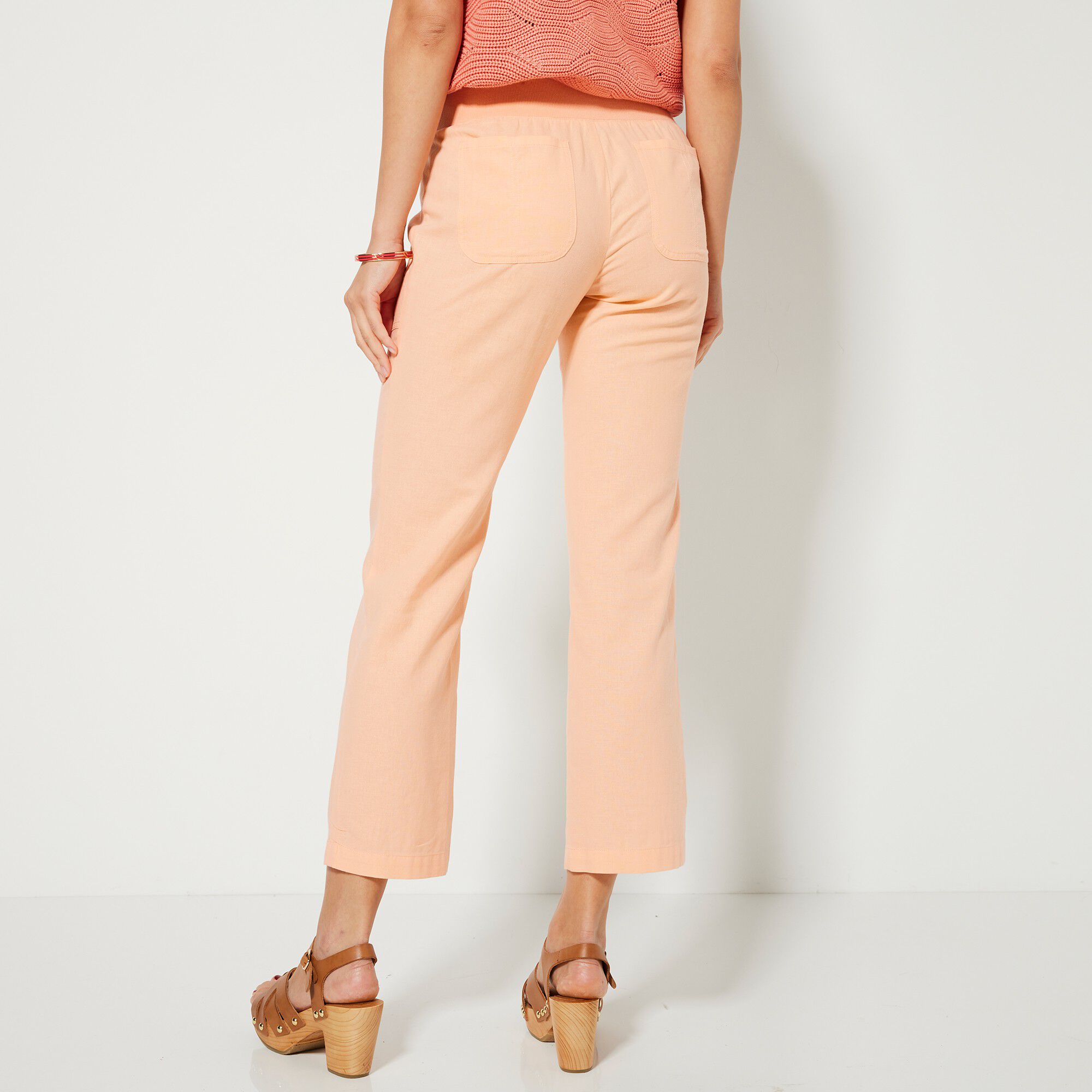 Pantalon coupe droite 7/8ème taille élastiquée, lin coton
