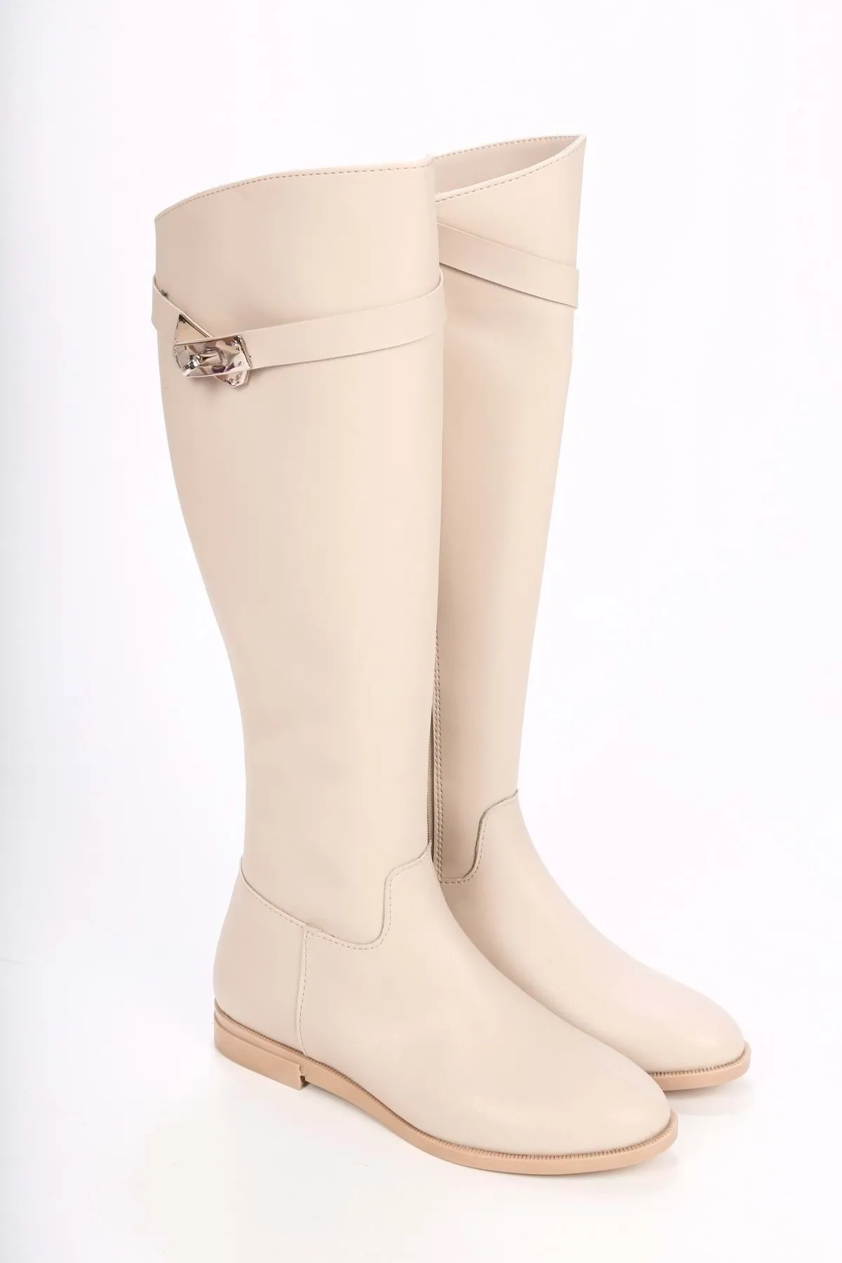Shoeberry  Damen Meroni Beige Lederschnallenstiefel Beige Leder